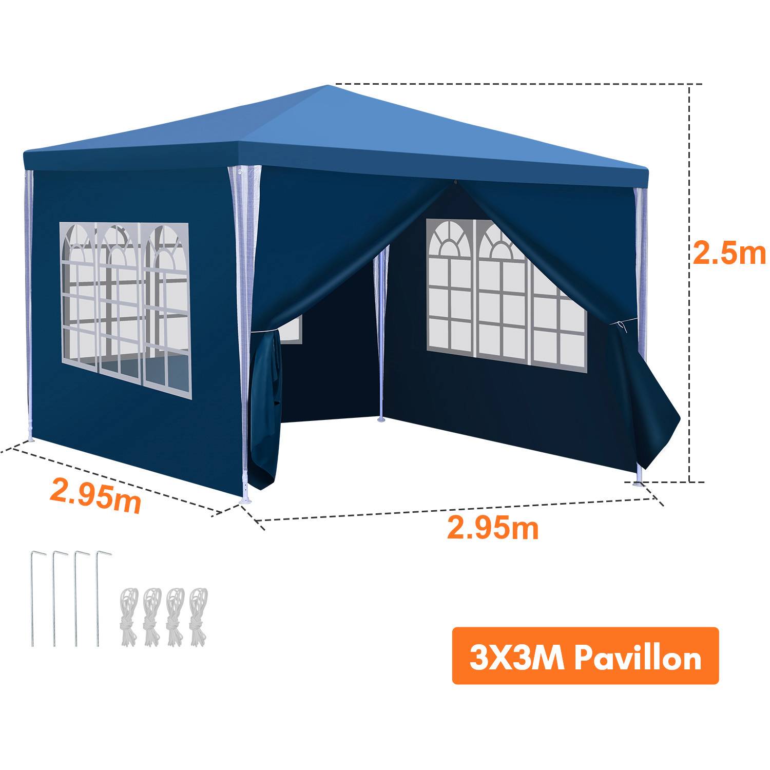 Ein 3x3 Meter blauer Pavillon mit Seitenbehängen und zwei Fenster-Wänden. Abmessungen: 2,95m x 2,95m x 2,5m. Inklusive Heringe für den Aufbau.