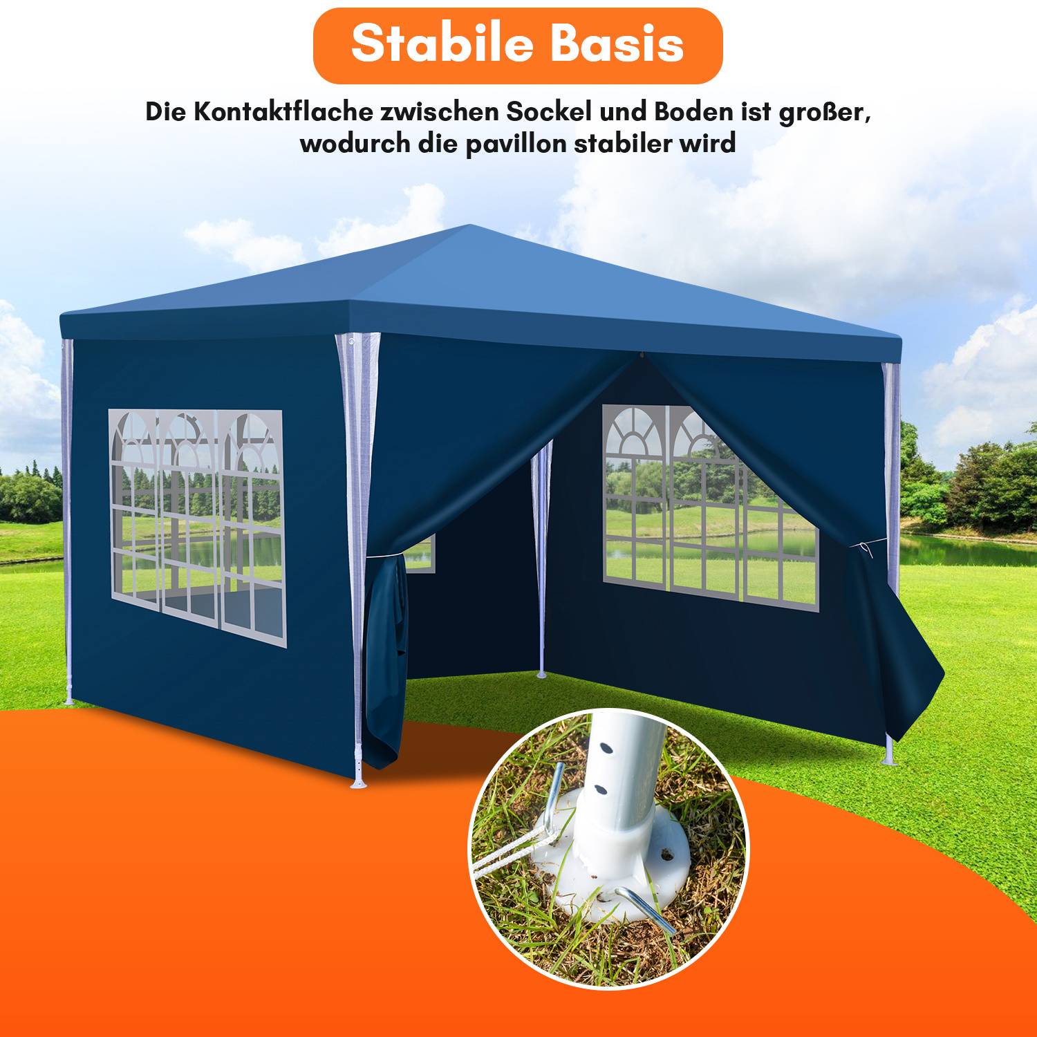 Ein blaues Outdoor-Pavillonzelt mit großen Fenstern und offener Eingangsfläche wird gezeigt. Text auf Deutsch betont die Stabilität und sichere Verankerung auf Gras.
