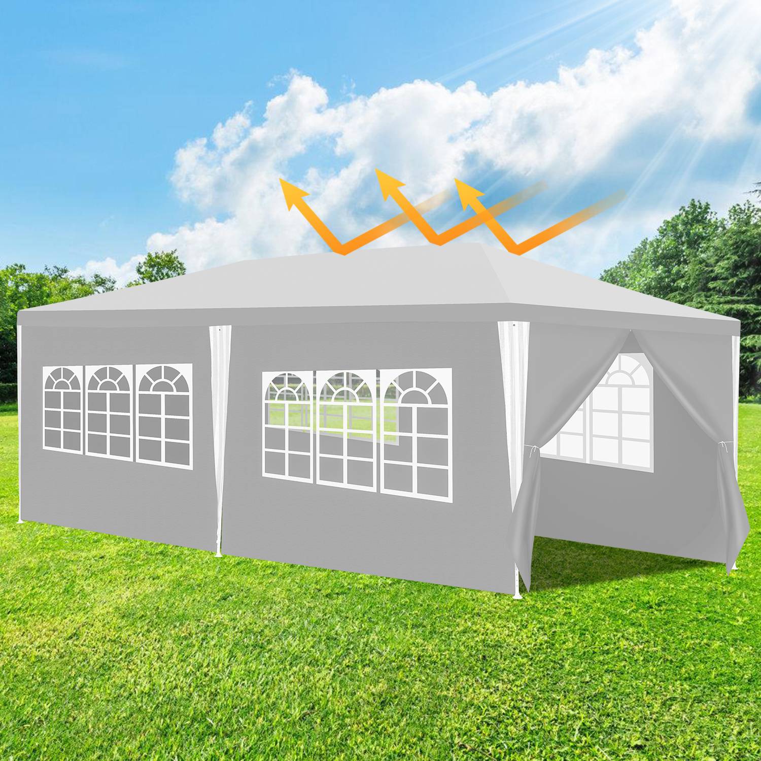 Ein weißes Outdoor-Pavillon-Zelt auf einem Rasenfeld unter einem blauen Himmel. Orange Pfeile über dem Zelt deuten auf Reflexion oder Hitzeschutz hin.