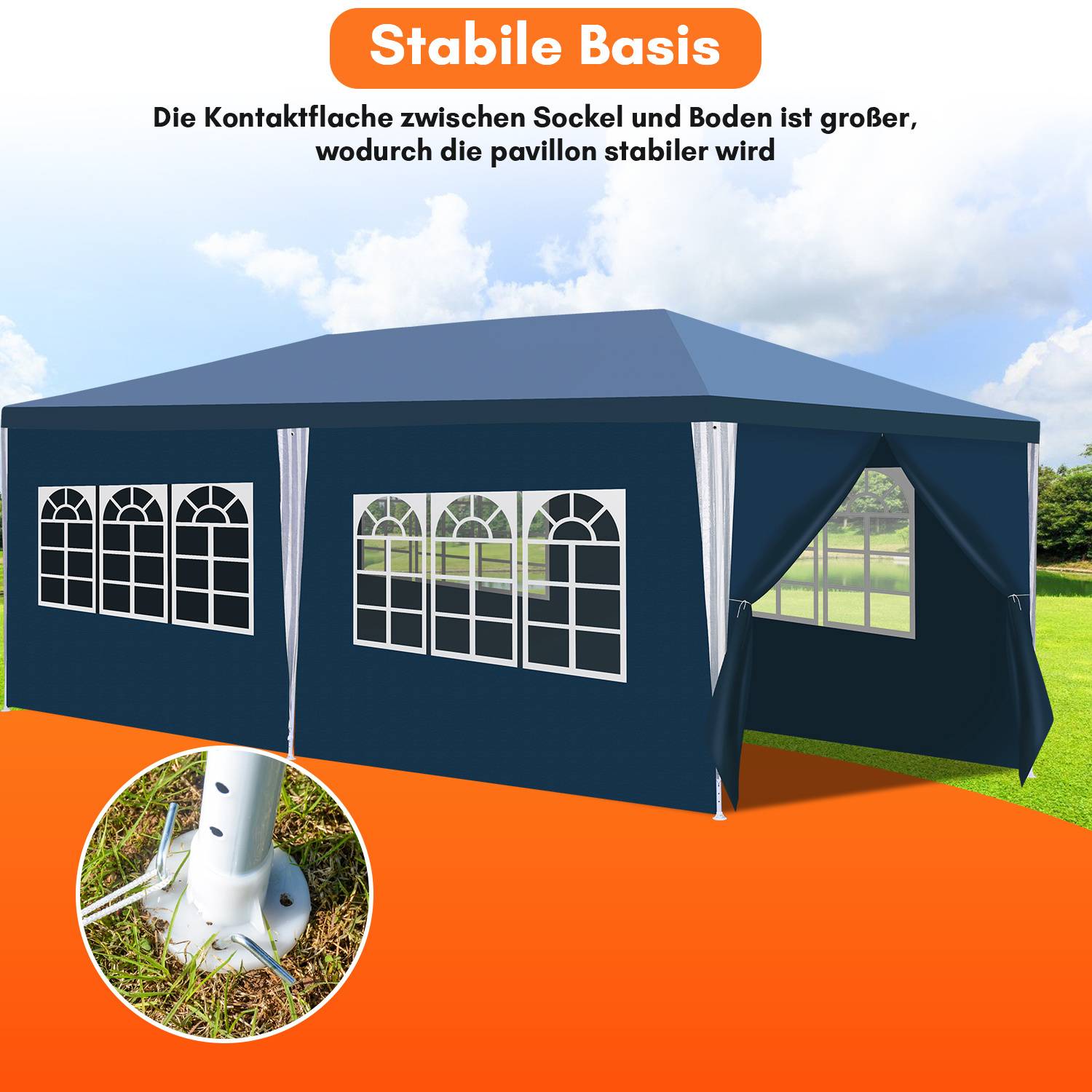 Blauer Outdoor-Pavillon auf Gras mit Bogenfenstern. Einsetzbild zeigt eine Metallbasis, die mit Heringe befestigt ist. Text lautet 'Stabile Basis' auf Deutsch.