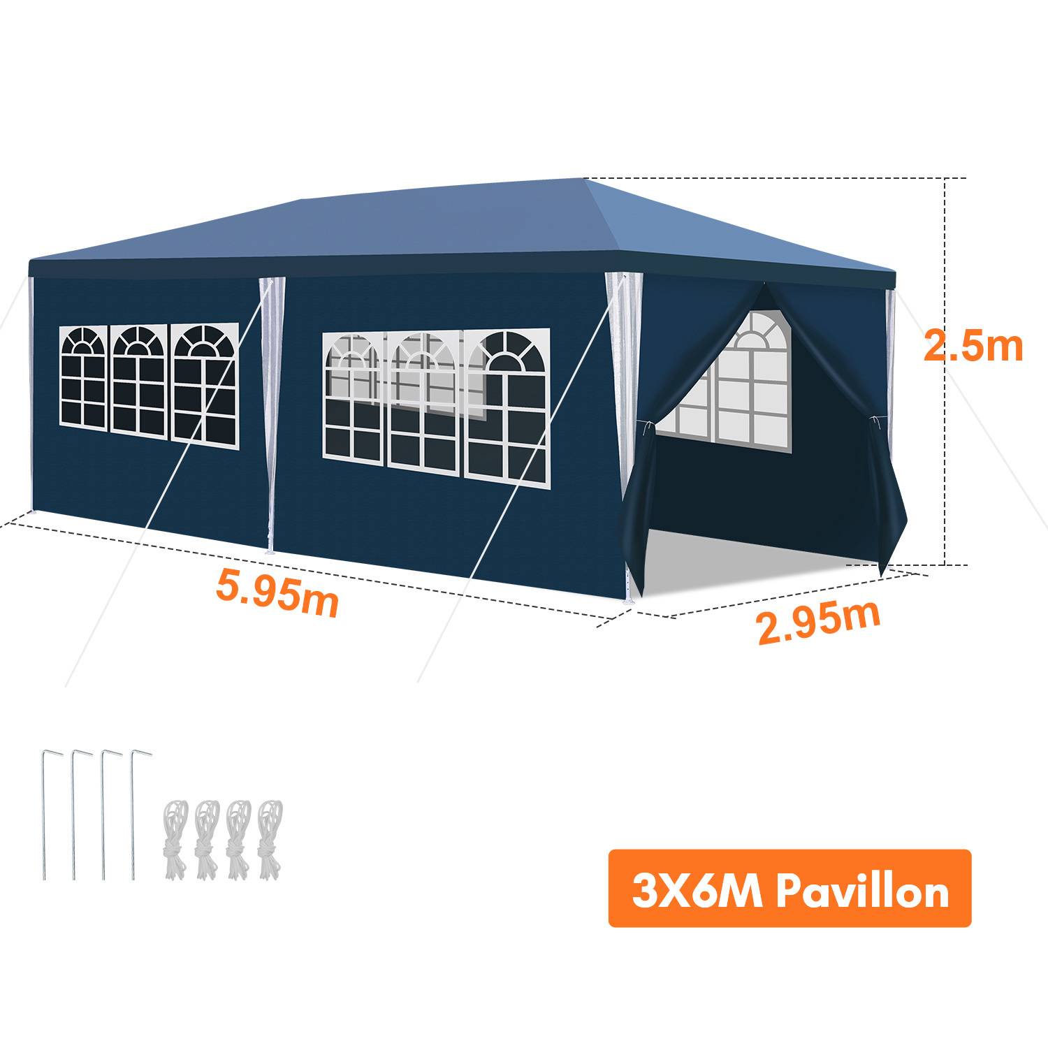 Diagramm eines blauen 3x6 Meter Pavillons mit Seitenfenstern und Eingang. Abmessungen: 5,95 m Länge, 2,95 m Breite, 2,5 m Höhe. Einschließlich Heringe.