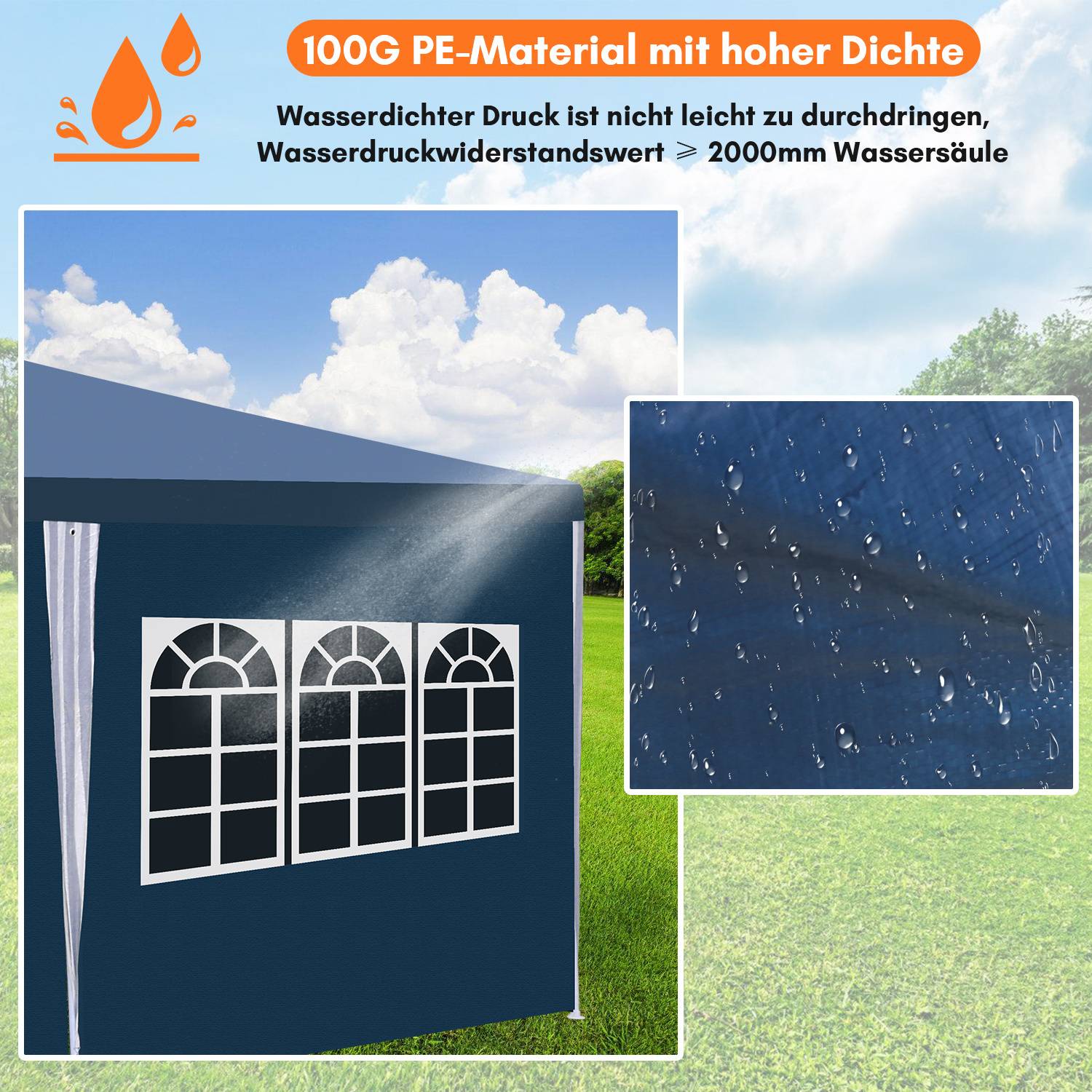 Blaues Zelt mit Bogenfenstern auf einer Grünfläche dargestellt. Eingesetztes Bild zeigt Wassertropfen auf Stoff. Text: '100G PE-Material mit hoher Dichte'.