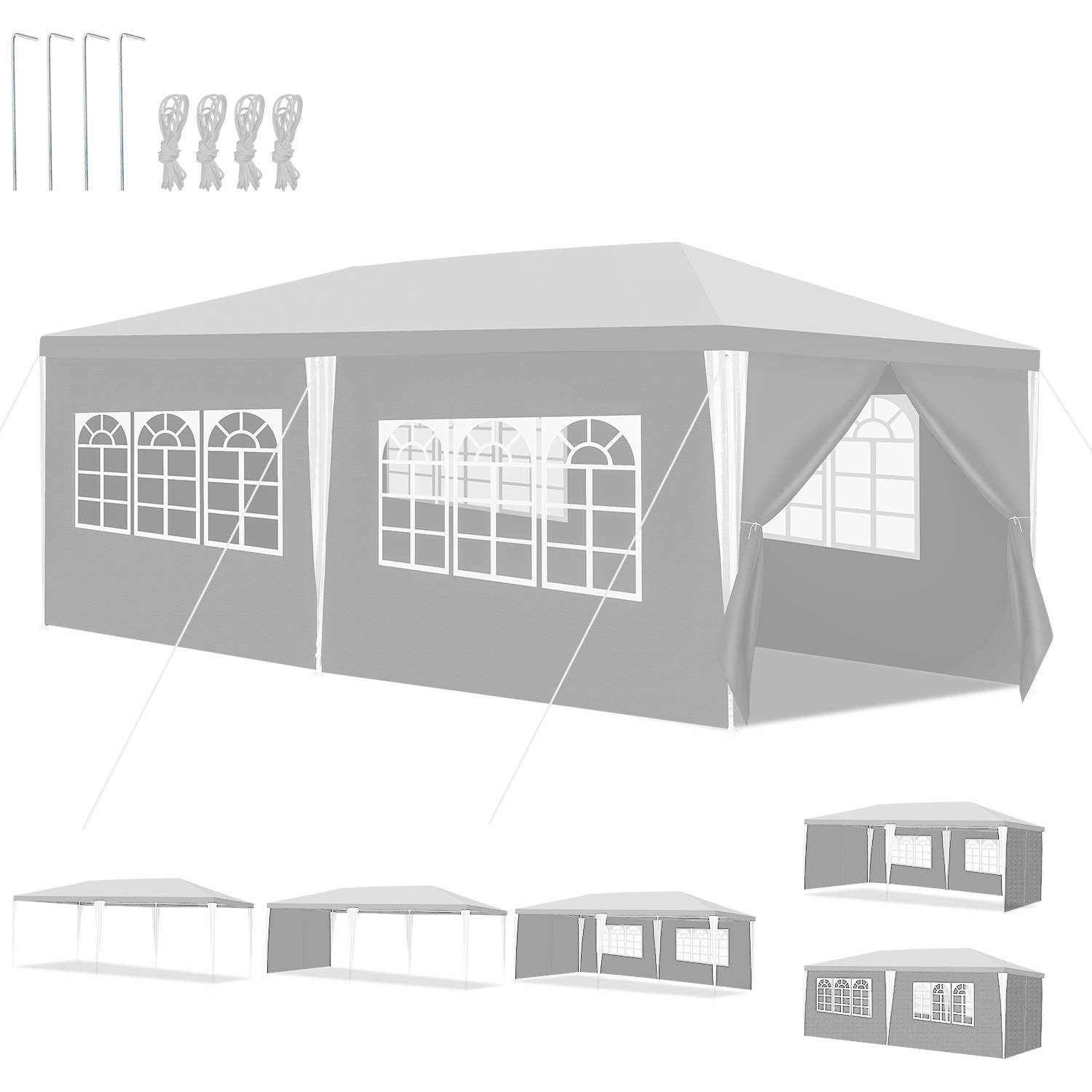 Ein großes graues Outdoor-Pavillon-Zelt mit durchsichtigen Fensterelementen wird gezeigt, zusammen mit Heringspegs und Seilen für den Aufbau.