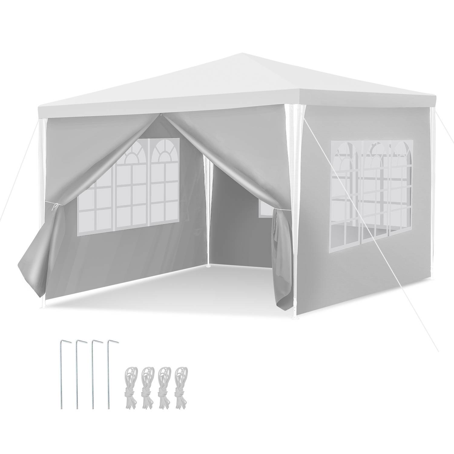 Ein grauer Pop-up-Pavillon mit Seitenwänden, ausgestattet mit großen Fensterpaneelen und einem Reißverschluss-Eingang. Inklusive Heringe und Seilen zum Befestigen.