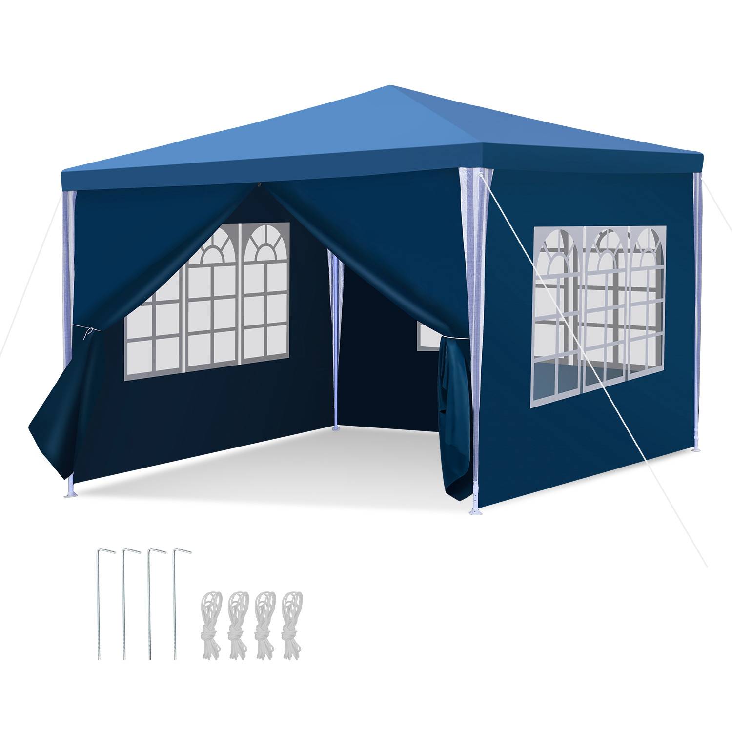 Blaues Popup-Zelt mit durchsichtigen Fensterpanels und weißen Spannseilen, auf weißem Hintergrund aufgebaut, inklusive Heringe und Seile.
