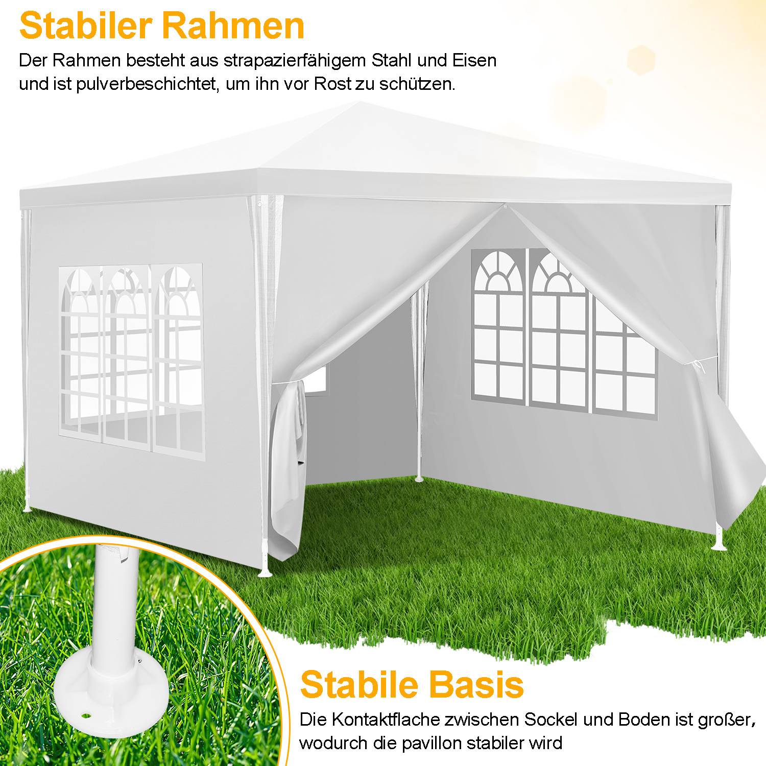 Ein weißer Gartenpavilion mit Fensterdetails wird gezeigt, der einen robusten Stahlrahmen und eine stabile Basis mit sicherer Bodenbefestigung hervorhebt.