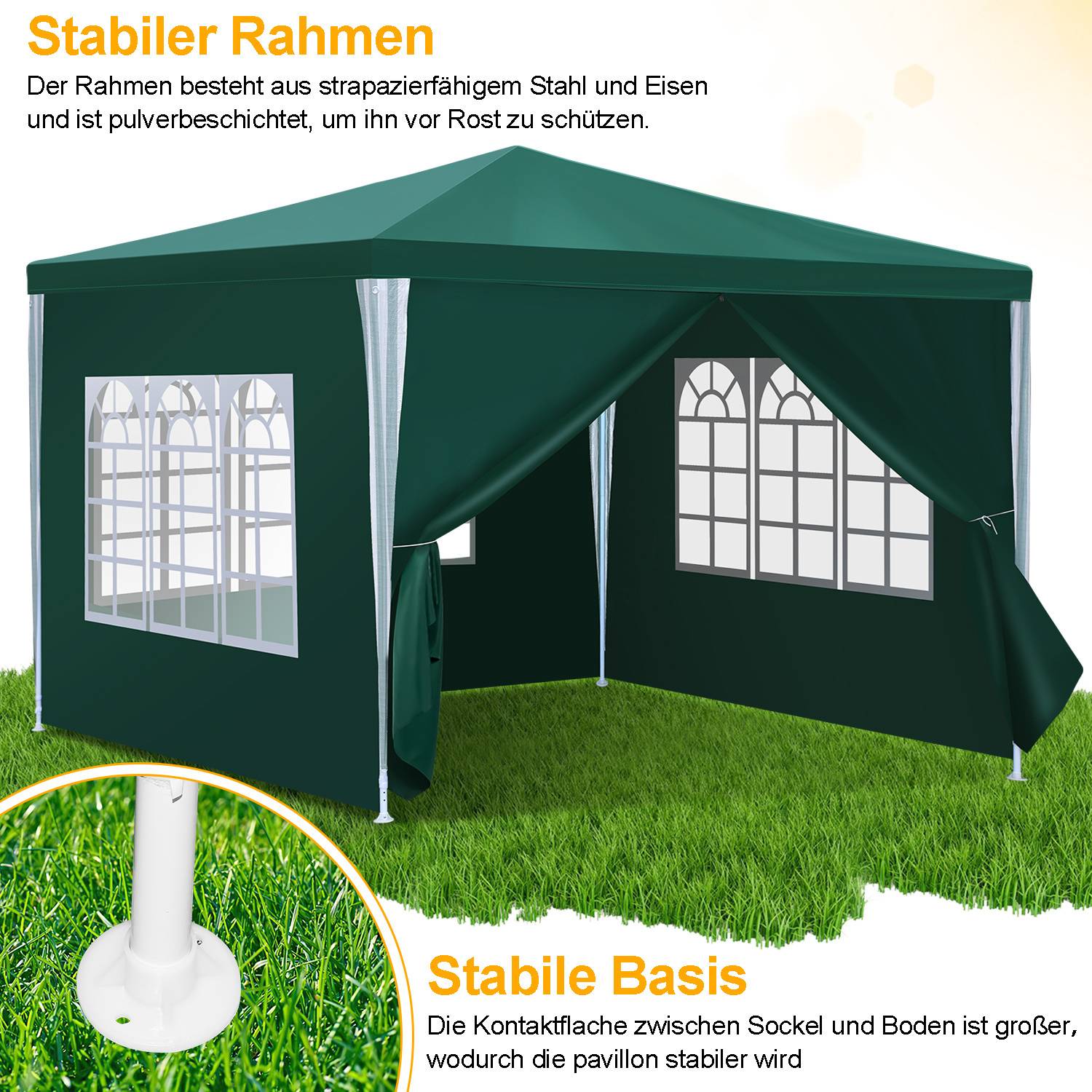 Outdoor-Pavillon mit stabilem Stahlrahmen und Pulverbeschichtung; inklusive seitlicher Fenster; betont verstärkte Basis für verbesserte Stabilität.