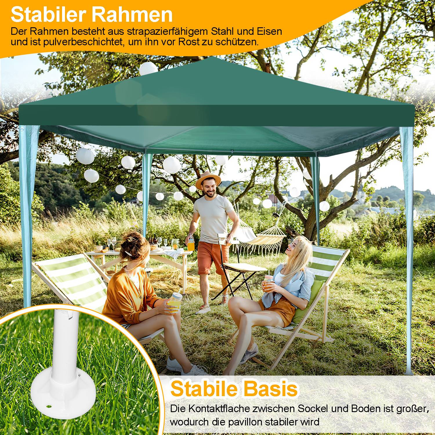 Ein grüner Pavillon mit einem Paar, das an einem Tisch sitzt, eine Person steht in der Nähe. Texthervorhebungen betonen die Vorteile von 'Stabiler Rahmen' und 'Stabile Basis'.