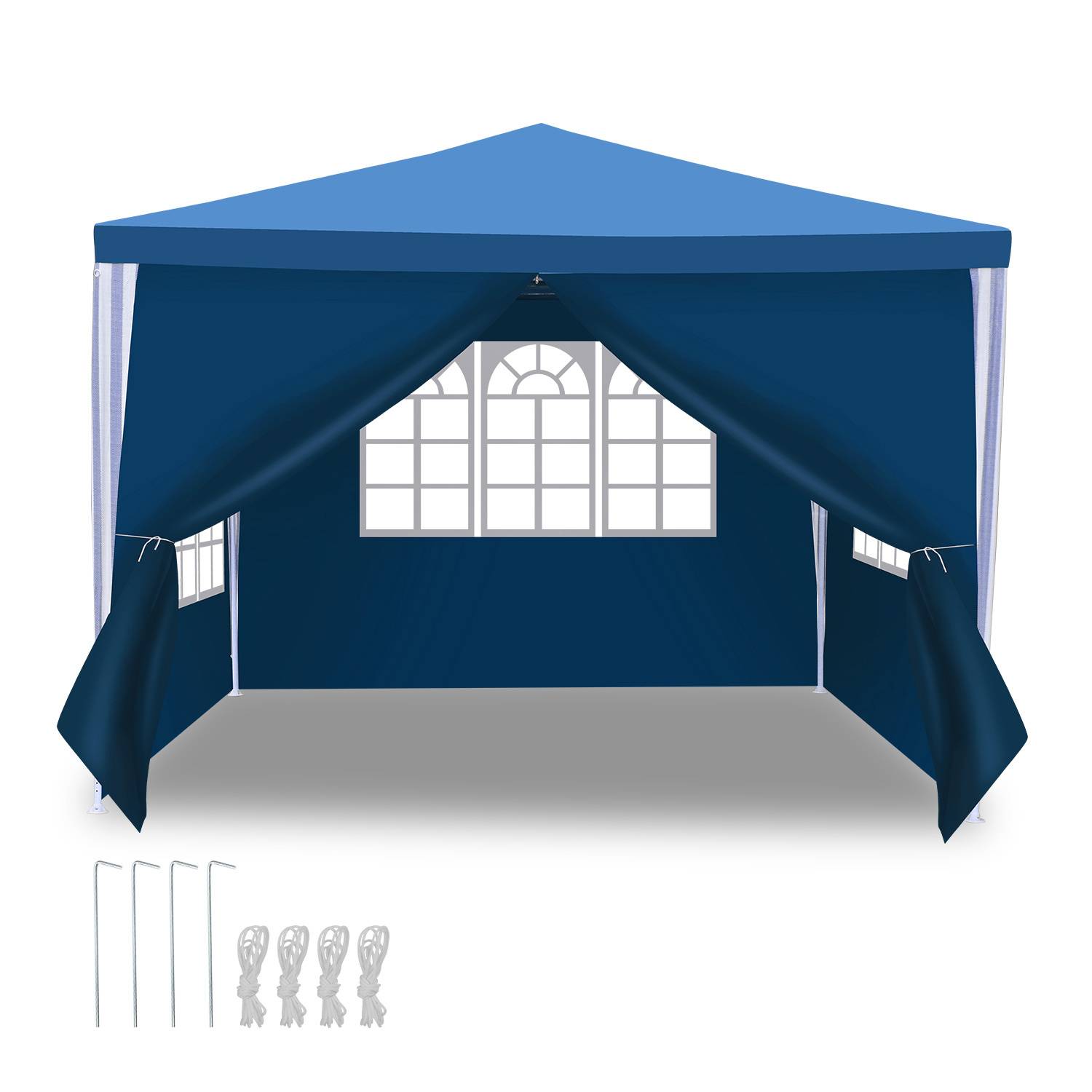 Ein blauer Zelt mit einem gewölbten Fenster, offenen Vorhängen und Metallherden für den Aufbau. Ideal für Outdoor-Veranstaltungen mit einem eleganten, strukturierten Design.