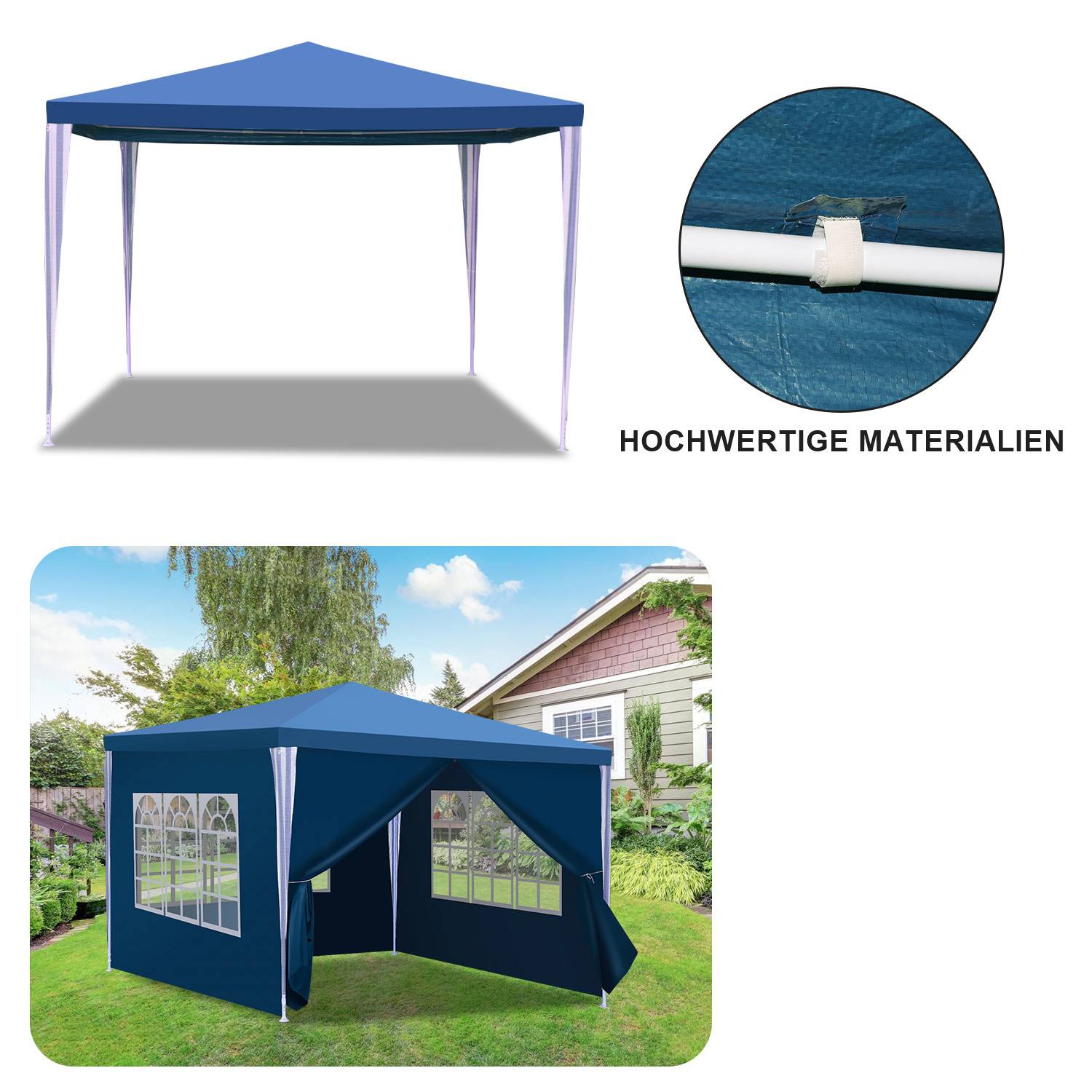 Blauer Outdoor-Pavillon mit Fenstern auf Gras aufgebaut. Einschub zeigt eine Nahaufnahme des Zeltgewebes, verbunden durch eine Klammer. Text lautet 