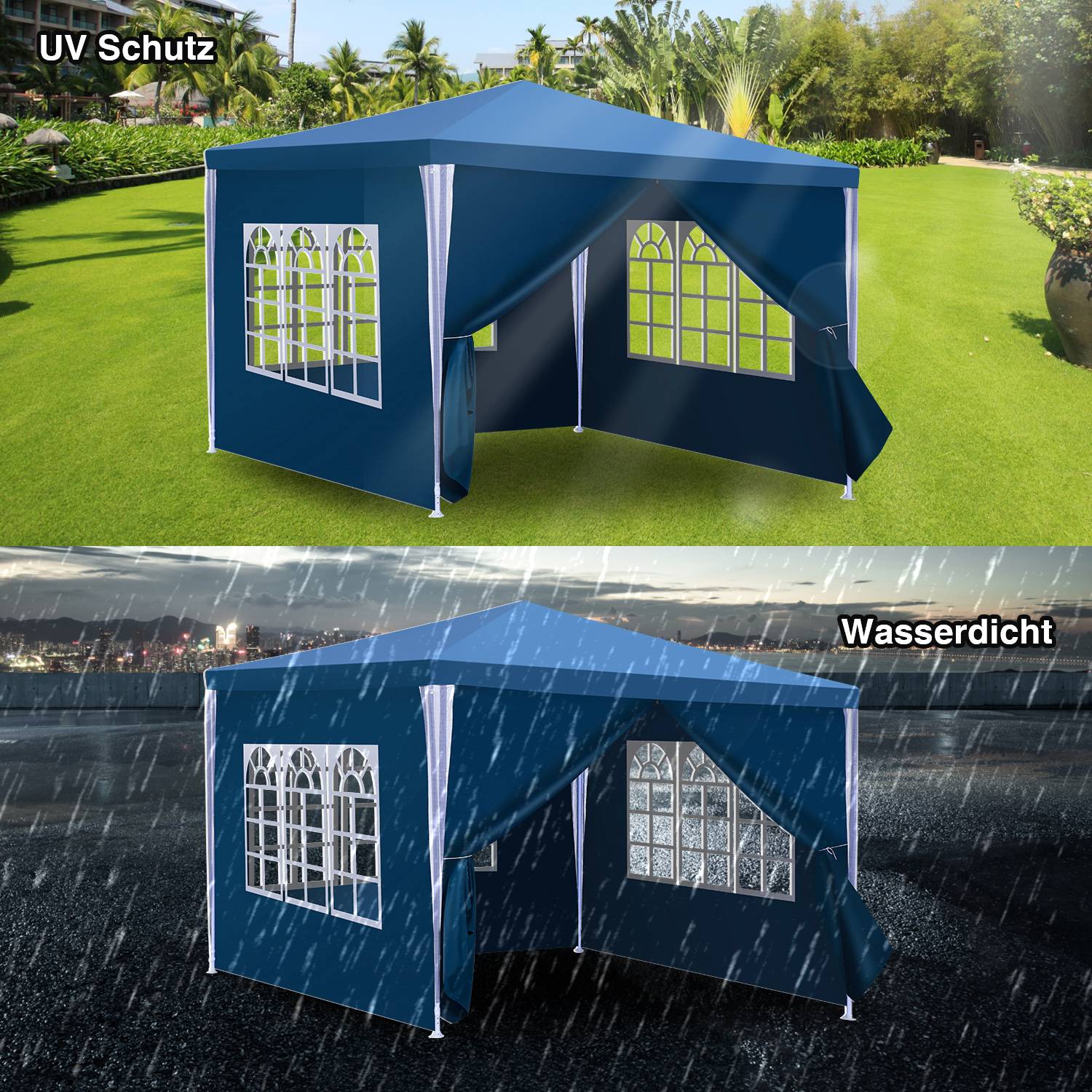 Ein blauer Outdoor-Pavillon wird in zwei Szenarien gezeigt: auf einem sonnigen Rasen mit der Beschriftung ‚UV Schutz' und im Regen mit der Beschriftung ‚Wasserdicht', wobei die Wetterschutzfunktionen hervorgehoben werden.