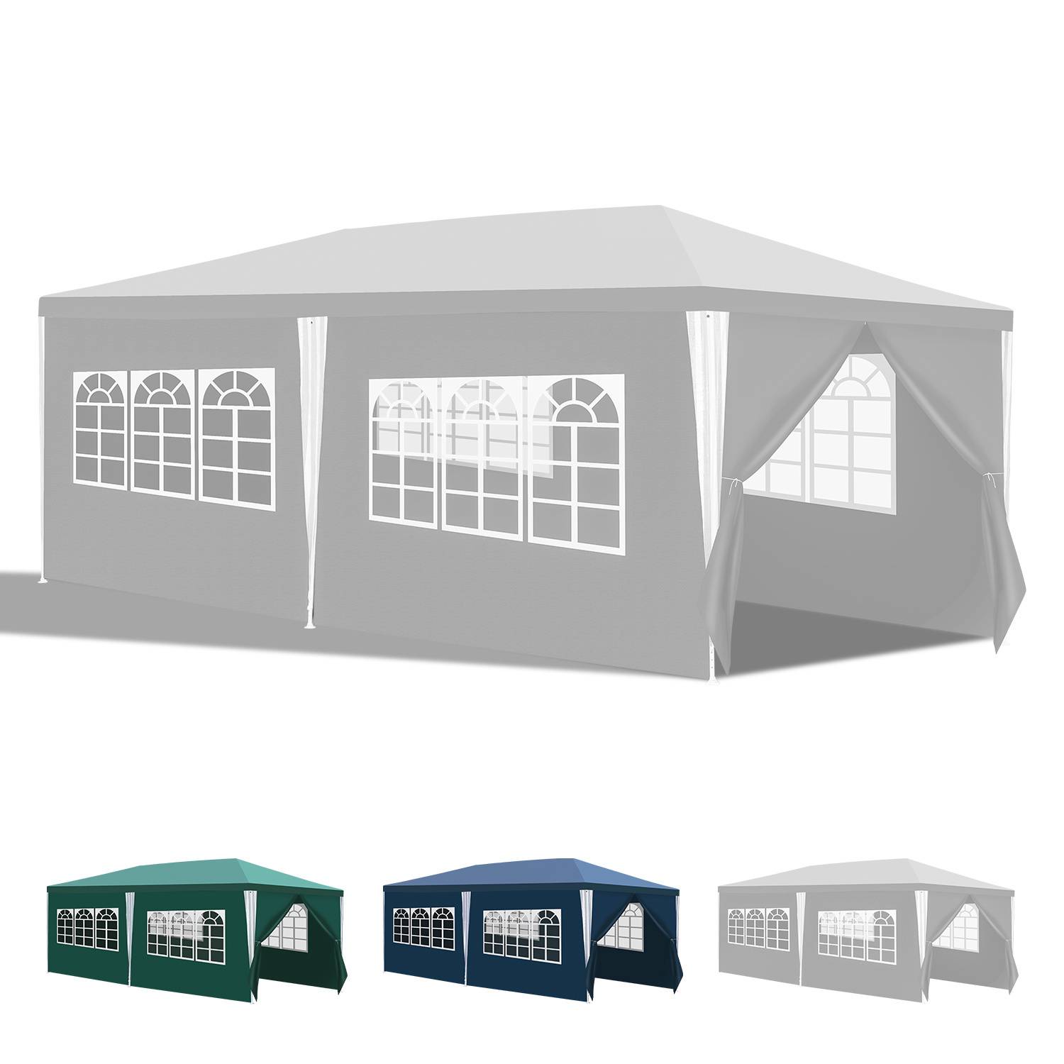 Ein großes Outdoor-Pavillon-Zelt mit transparenten Bogenfenstern an seinen Seiten. Darunter befinden sich vier kleinere rechteckige Zelte in verschiedenen Farben.