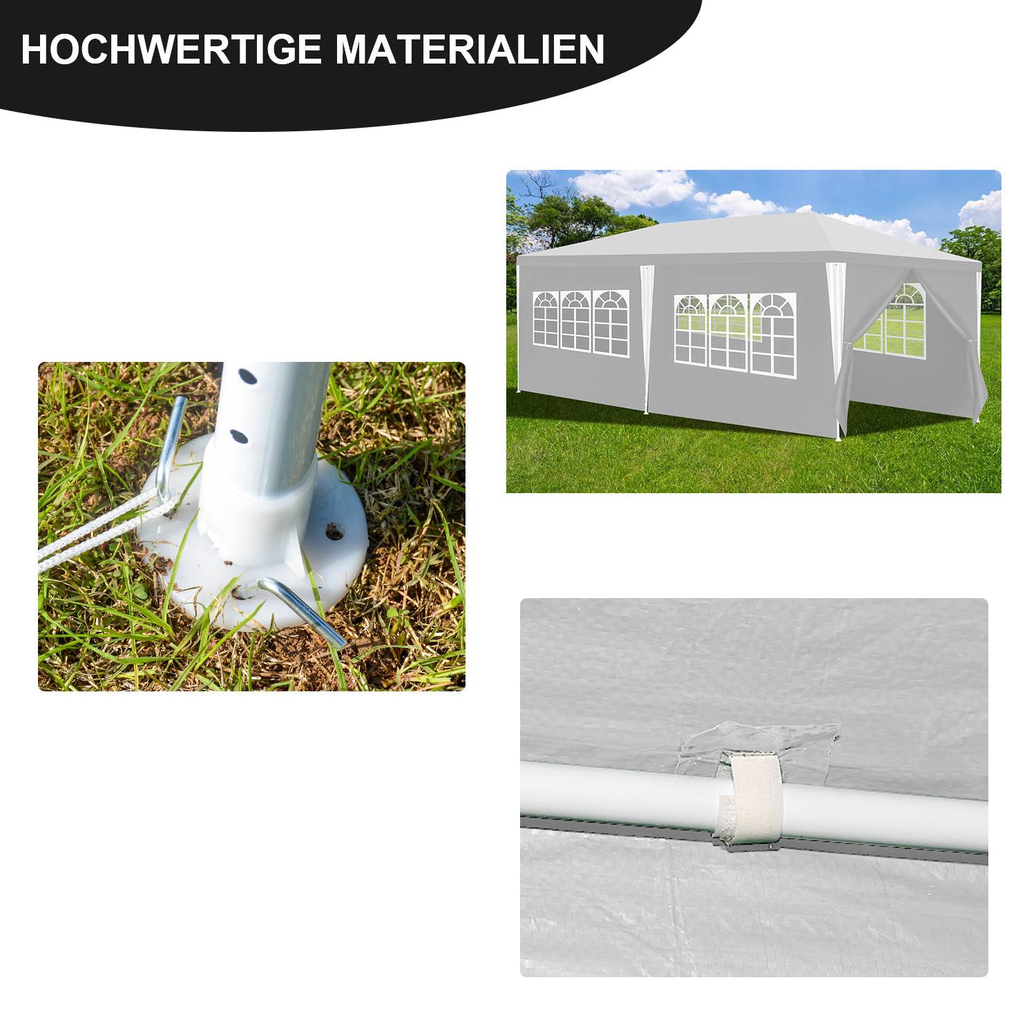 Das Bild zeigt ein Zelt auf Gras mit Details des Stahlrahmens. Der Text lautet 
