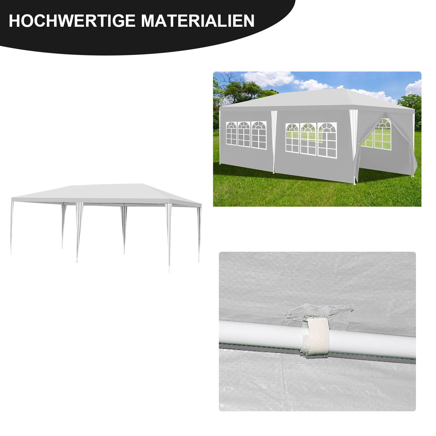 HOCHWERTIGE MATERIALIEN' Text oben. Das Bild zeigt ein weißes Outdoor-Zelt mit Fenstern, das auf Gras steht und die hochwertigen Materialien hervorhebt.