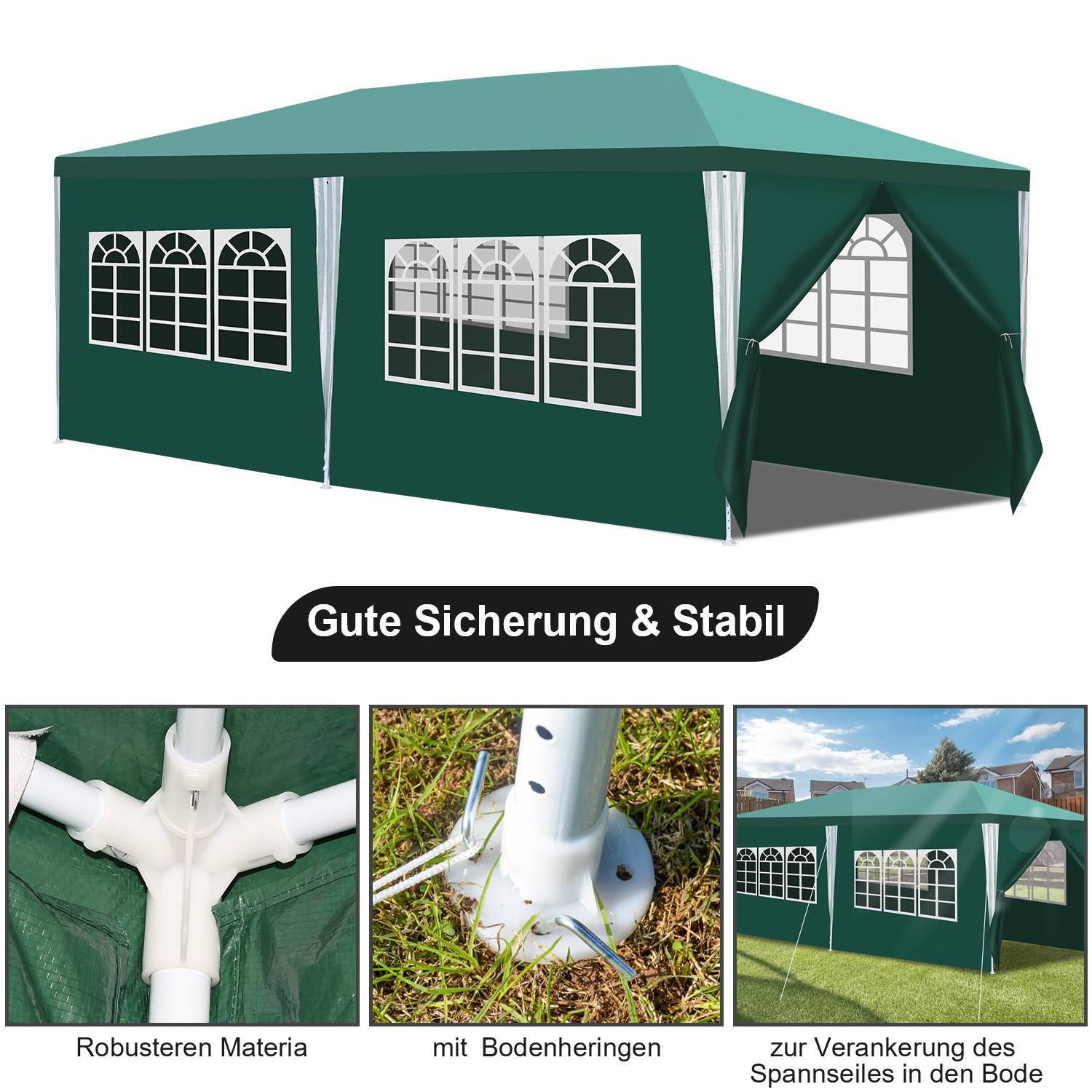 Ein grünes Outdoor-Zelt mit weißen Fenstern und einem teilweise offenen Eingang. Der Text hebt robustes Material, Heringe und sichere Befestigung hervor.