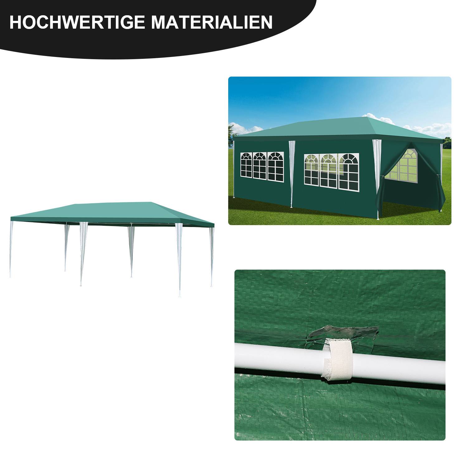 Ein grünes Outdoor-Zelt mit Fenstern, Metallgestell und verstärkter Plane. Text lautet 'HOCHWERTIGE MATERIALIEN'.