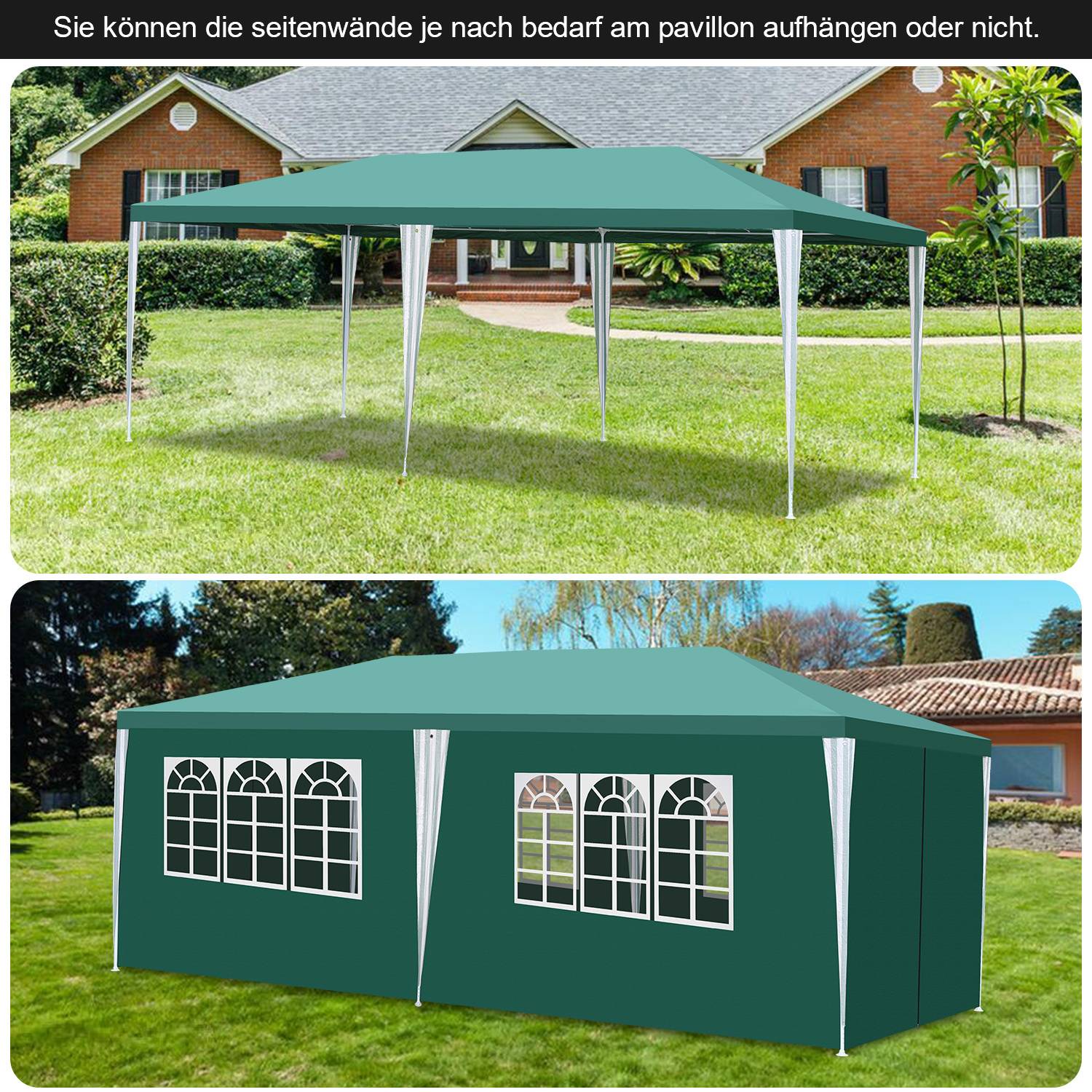 Das Bild zeigt einen grünen rechteckigen Outdoor-Pavillon mit weißen Stützen in einer Gartenumgebung. Das obere Bild hat keine Seitenwände, während das untere Bild den Pavillon mit grünen Seitenwänden und weißen Fensterdesigns zeigt.