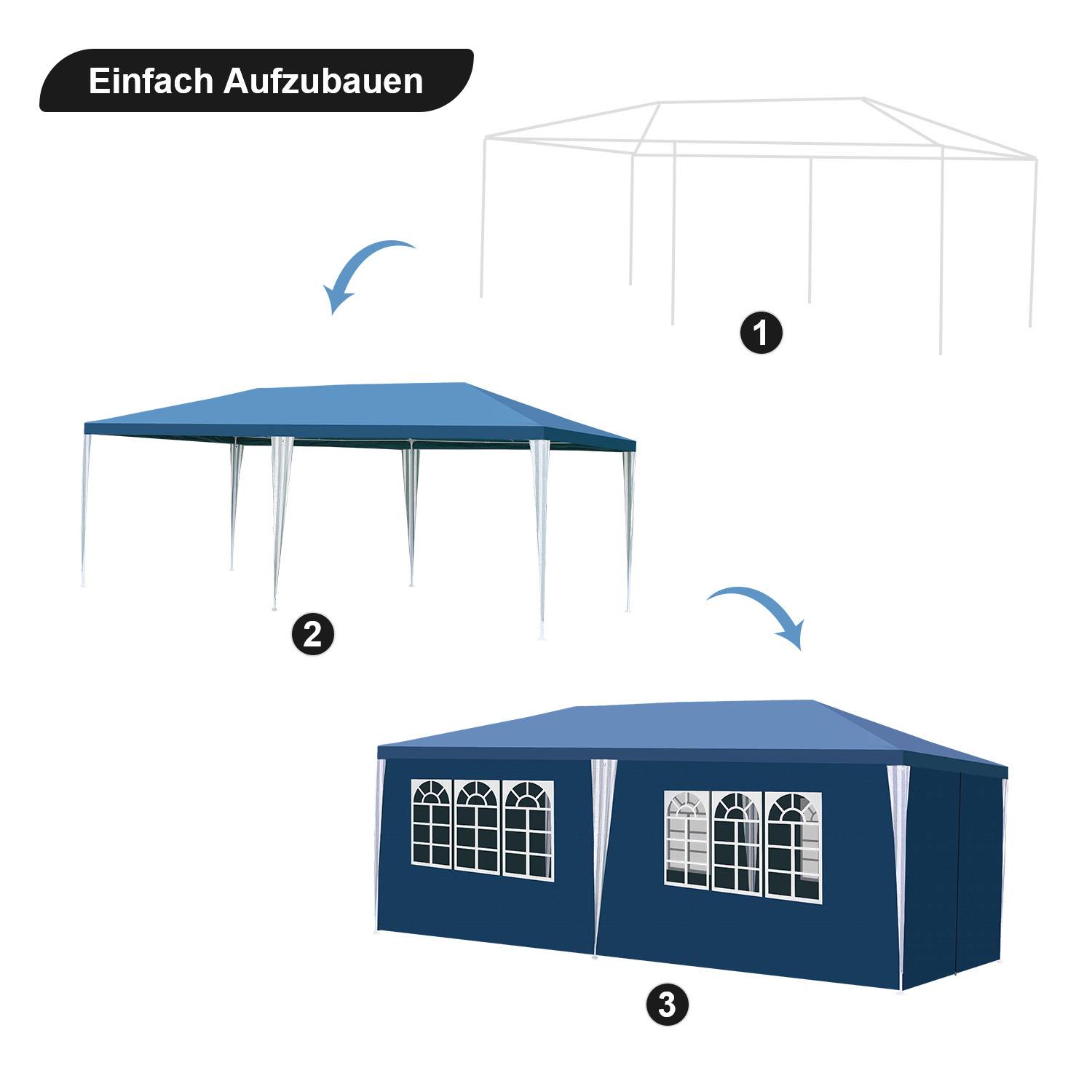Die Illustration 'Einfach Aufzubauen' zeigt drei Schritte: den Zeltrahmen zusammenbauen, das Dach hinzufügen und die Seitenwände mit Fenstern befestigen.