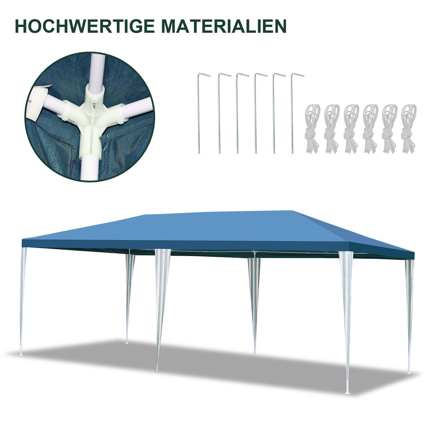 Outdoor-Pavillon mit blauem Dach, stabilen Metallstangen und mitgelieferten Zubehörteilen für den Aufbau, die oben gezeigt werden: Eckverbindungsgelenke, Heringe und Seile. 'HOCHWERTIGE MATERIALIEN' Text oben.