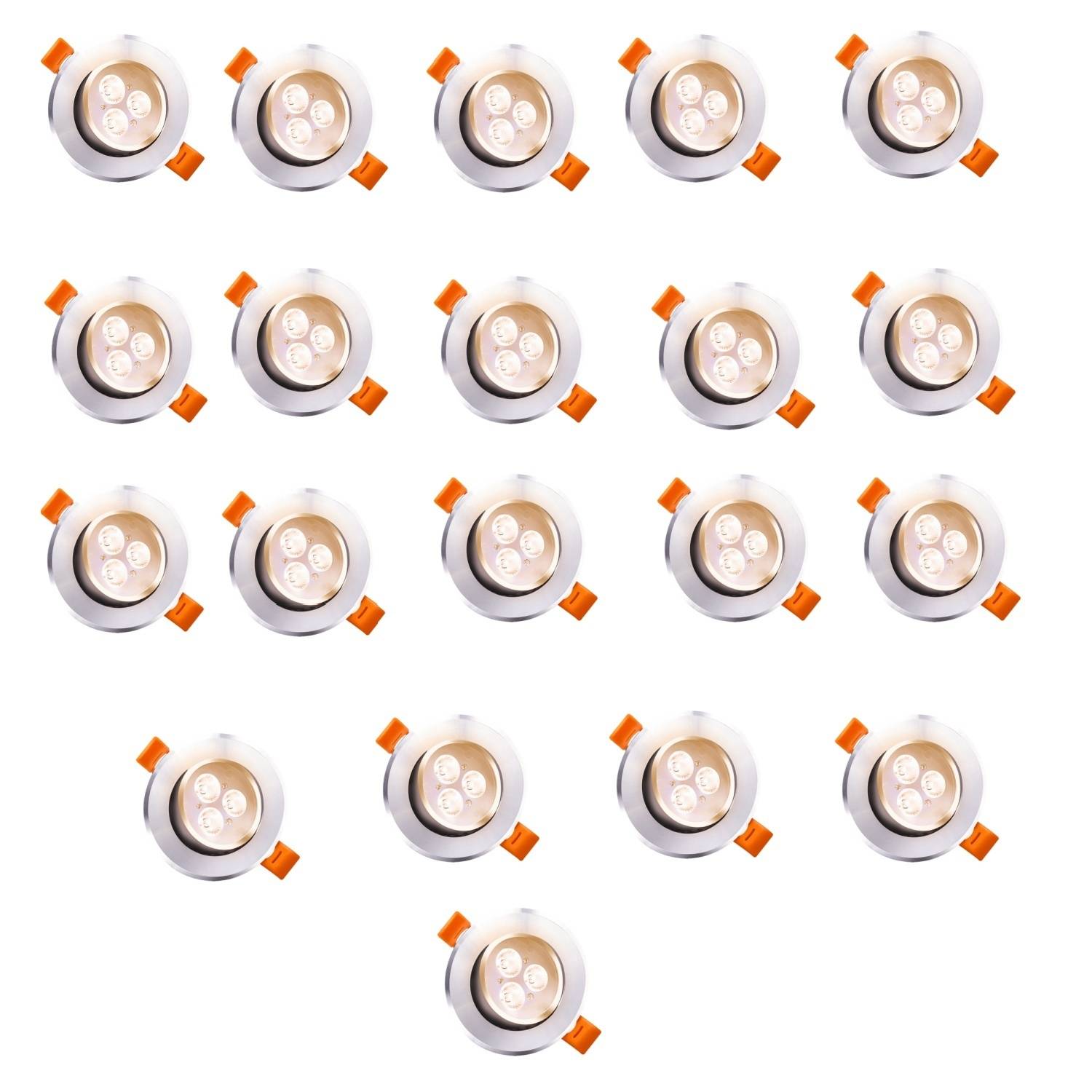 Achzehn runde LED-Deckenleuchten in einem Rastermuster angeordnet, jede mit drei Glühbirnen und orangen Clips.