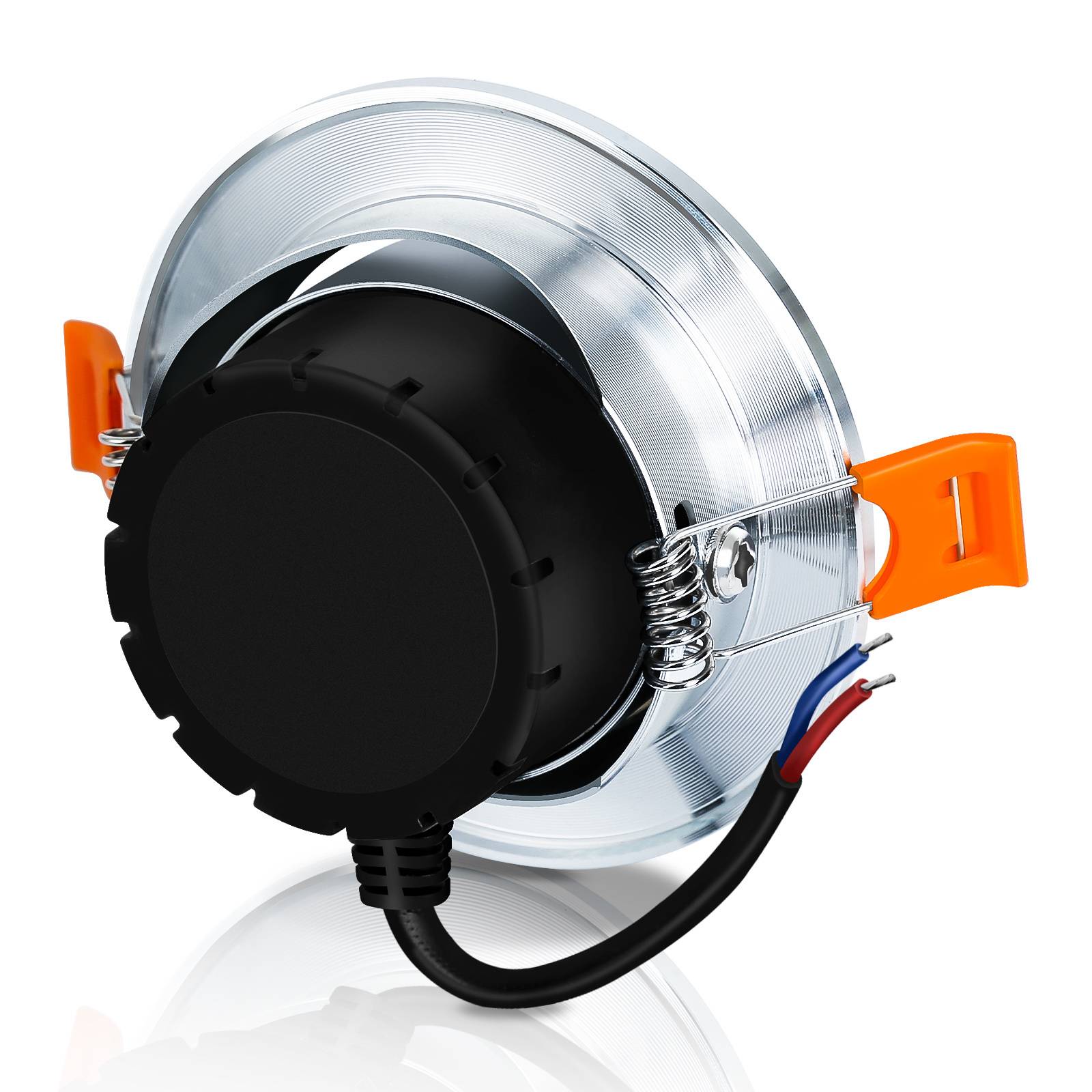 Runde LED-Downlight mit silbernem Rand, schwarzer Rückseite und orangefarbenen Clips, ausgestattet mit Anschlussleitungen für die Installation.