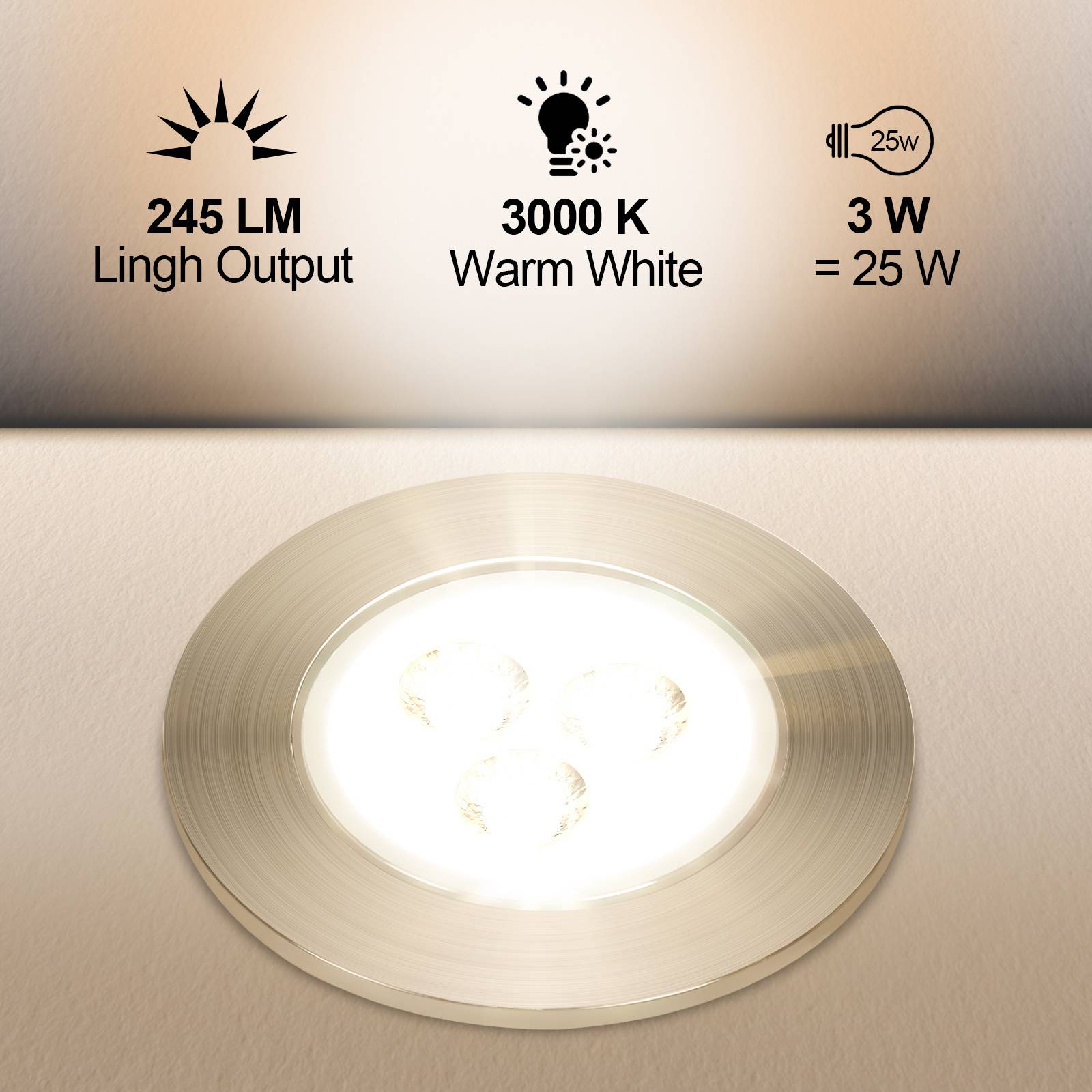 LED-Licht mit '245 LM Lichtausbeute', '3000 K Warmweiß', '3 W = 25 W' Spezifikationen. Die Leuchte ist in einer kreisförmigen Metallhalterung eingebaut.