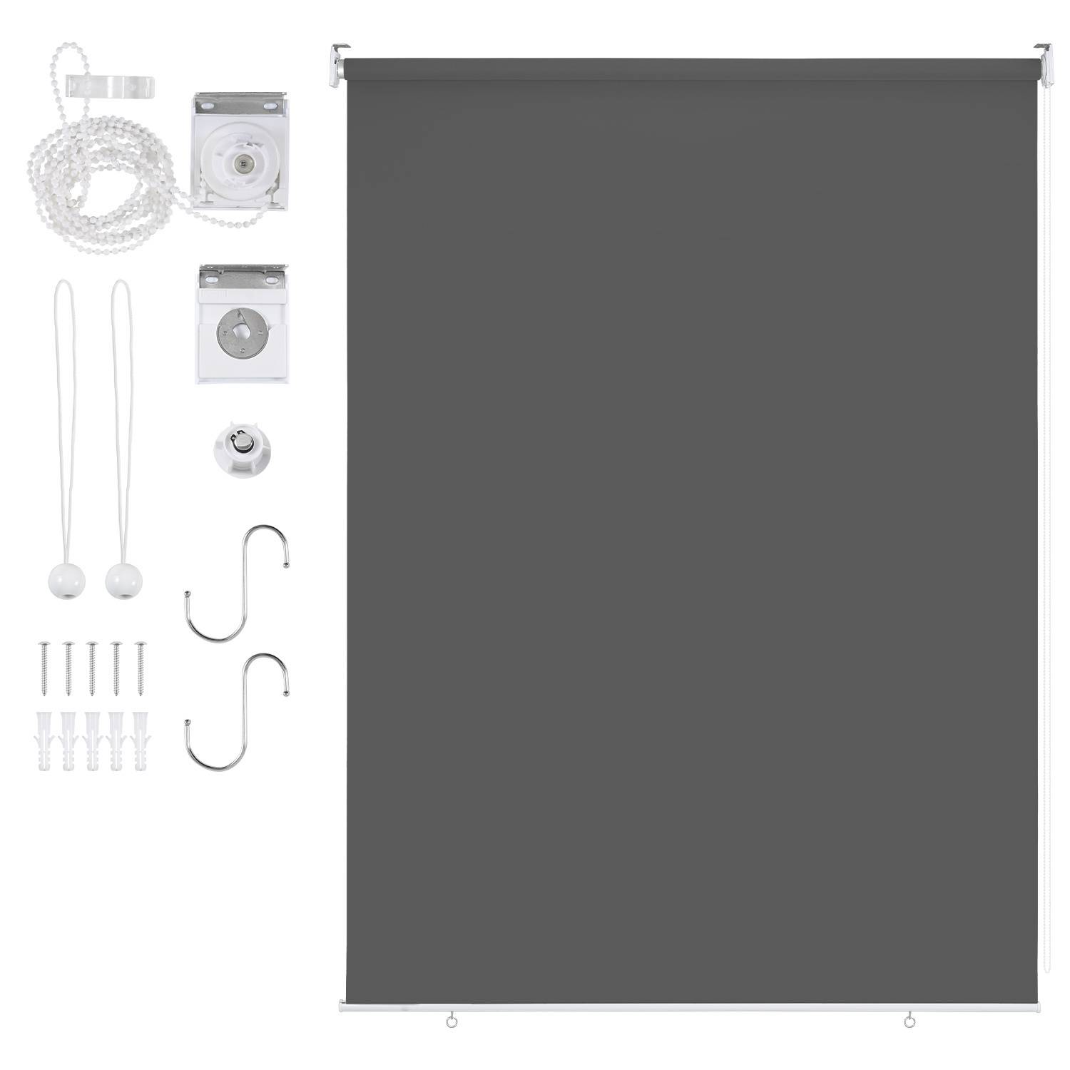 Eine graue Jalousie mit Installationszubehör, einschließlich Kettenmechanismus, Wandhalterungen, Schrauben, Haken und Spannvorrichtungen, auf weißem Hintergrund präsentiert.