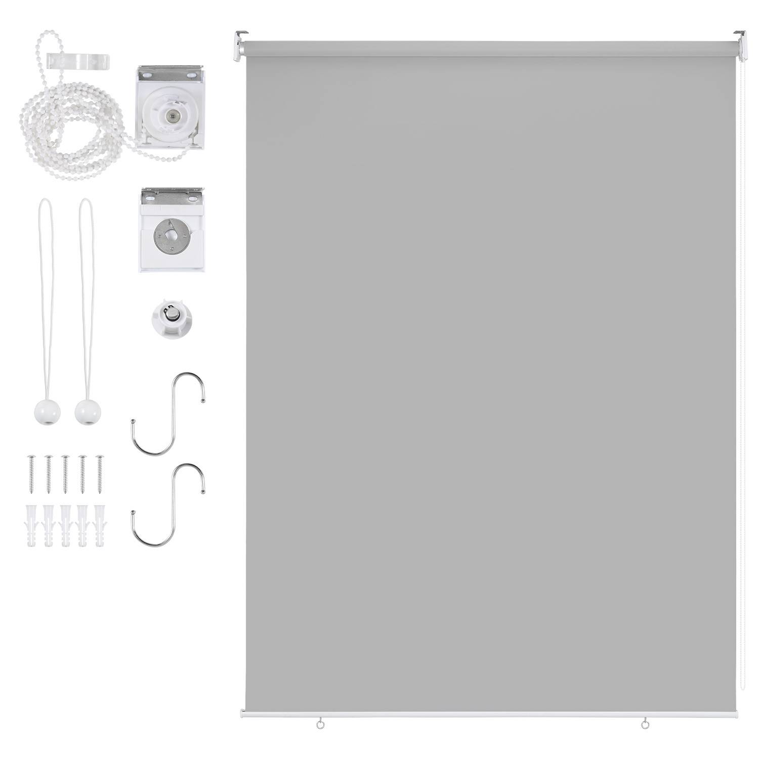 Ein grauer Rollo mit Befestigungsmaterial und Zubehör, einschließlich Halterungen, Schrauben, Haken und Zugkette.