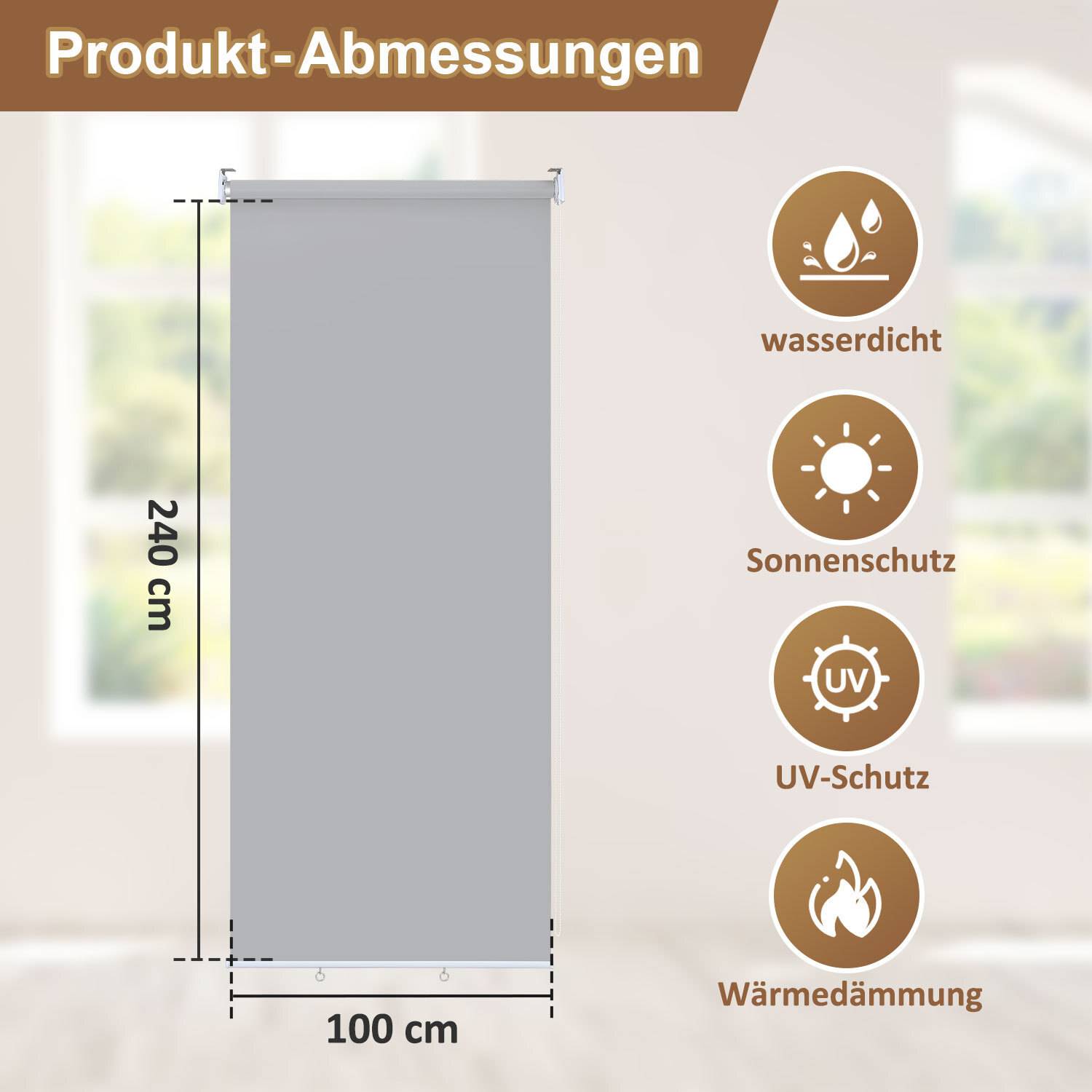 Ein vertikaler, grauer Senkrechtrollo mit beschrifteten Abmessungen: Höhe 240 cm, Breite 100 cm. Merkmale umfassen wasserdicht, Sonnenschutz, UV-Schutz, Wärmeisolierung.