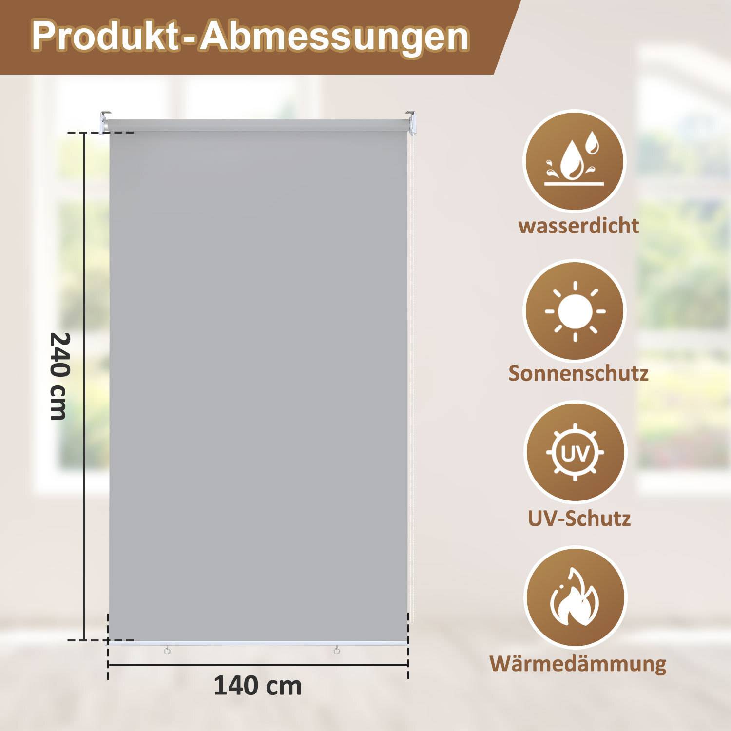 Rollo mit den Maßen 240 cm x 140 cm. Eigenschaften umfassen ‚wasserdicht', ‚Sonnenschutz', ‚UV-Schutz' und ‚Wärmedämmung'.