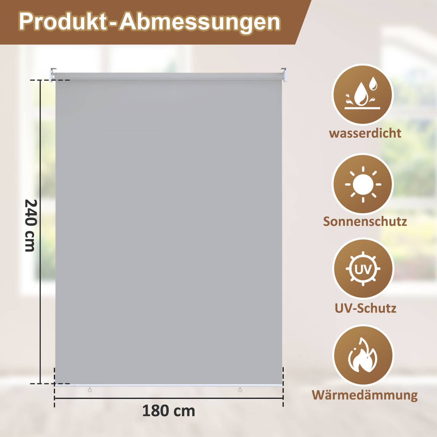 Produktabmessungen: Rollo, 240 cm hoch und 180 cm breit. Eigenschaften: wasserdicht, Sonnenschutz, UV-Schutz, Wärmedämmung.
