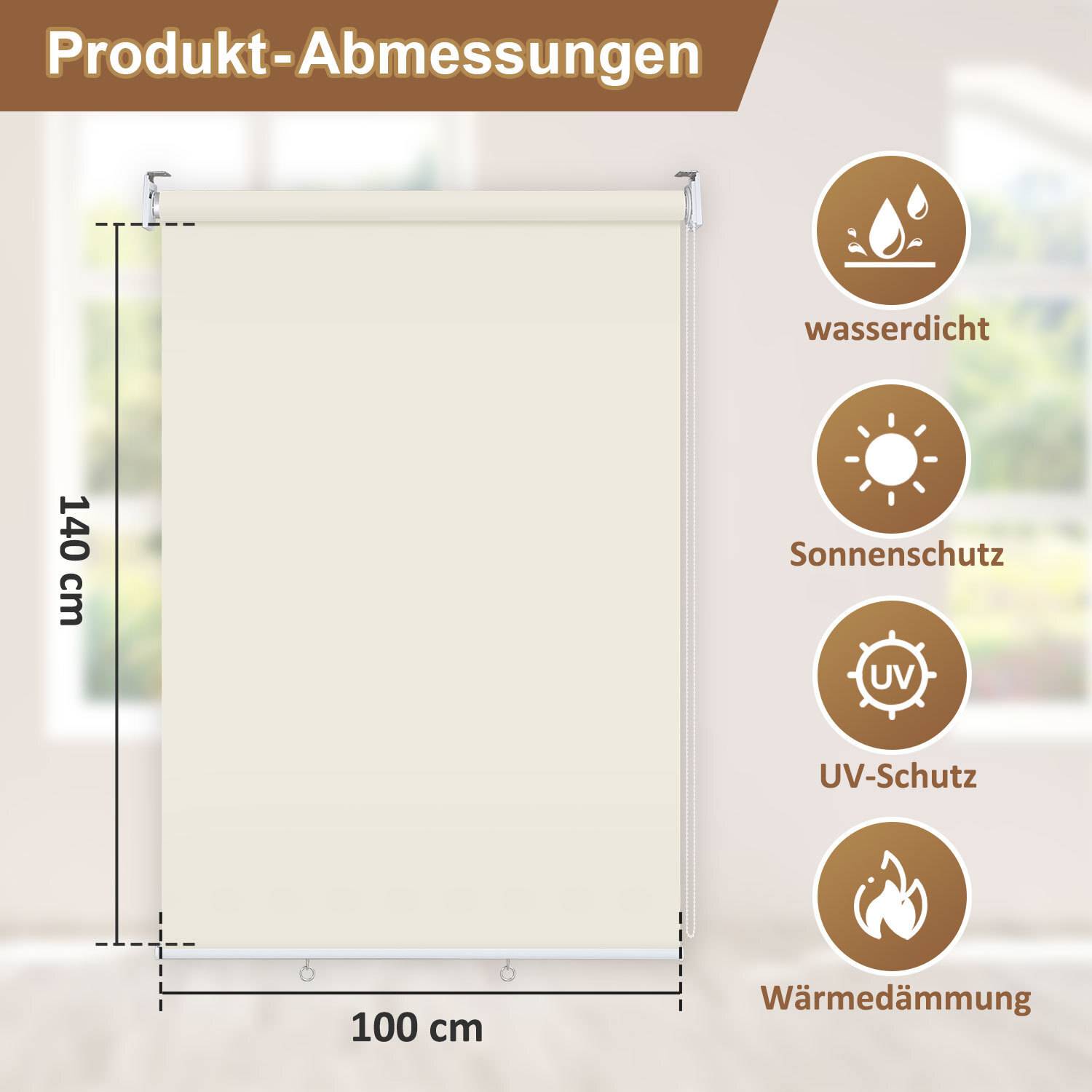 Ein beiger Rollo wird gezeigt, der 140 cm mal 100 cm misst. Symbole rechts zeigen Merkmale: 'wasserdicht', 'Sonnenschutz', 'UV-Schutz', 'Wärmedämmung'.