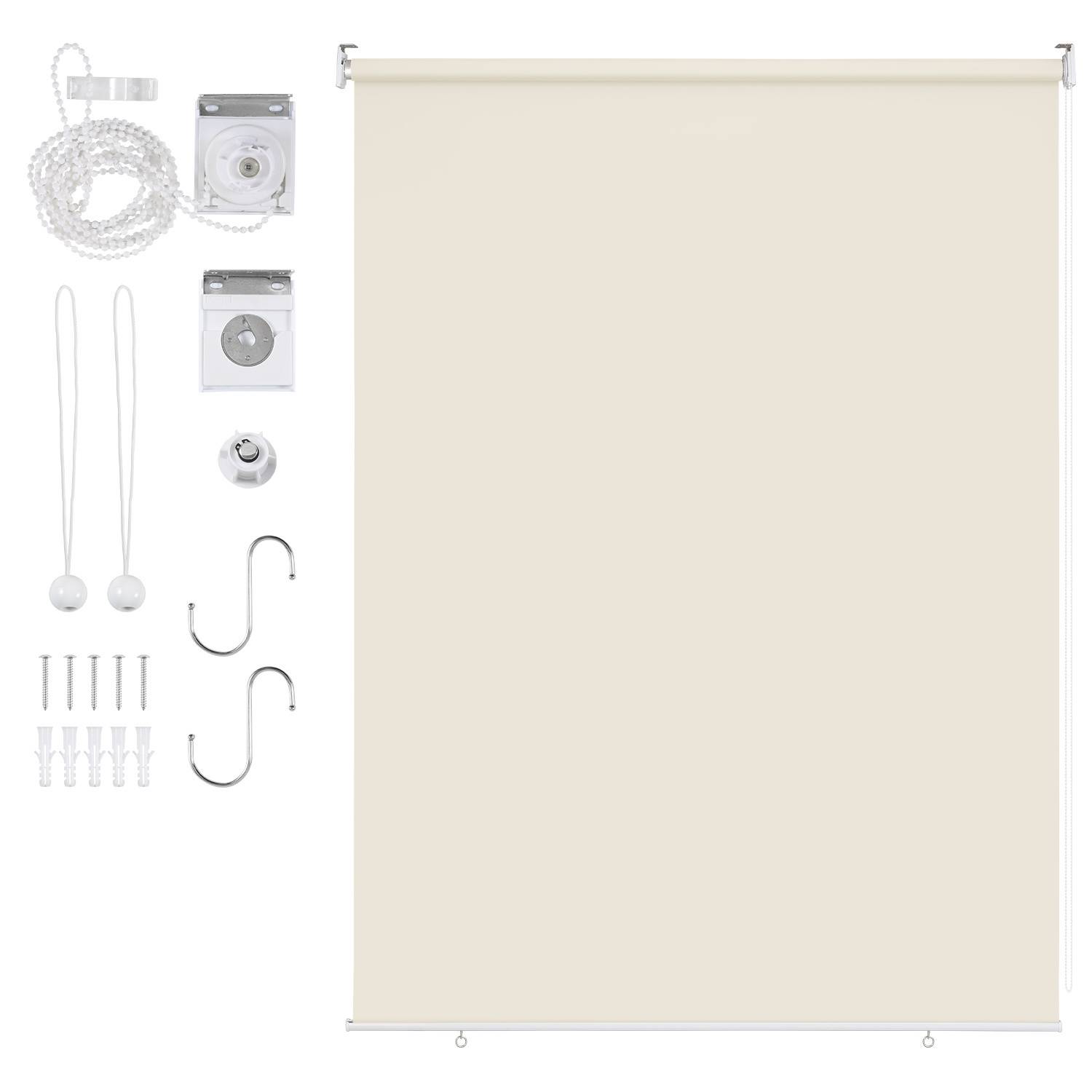 Ein Rollo-Set bestehend aus einem beigen Rollo, Montagebeschlägen, Schrauben, zwei Haken, einem Kettenmechanismus und Sicherheitsclips für die Installation.