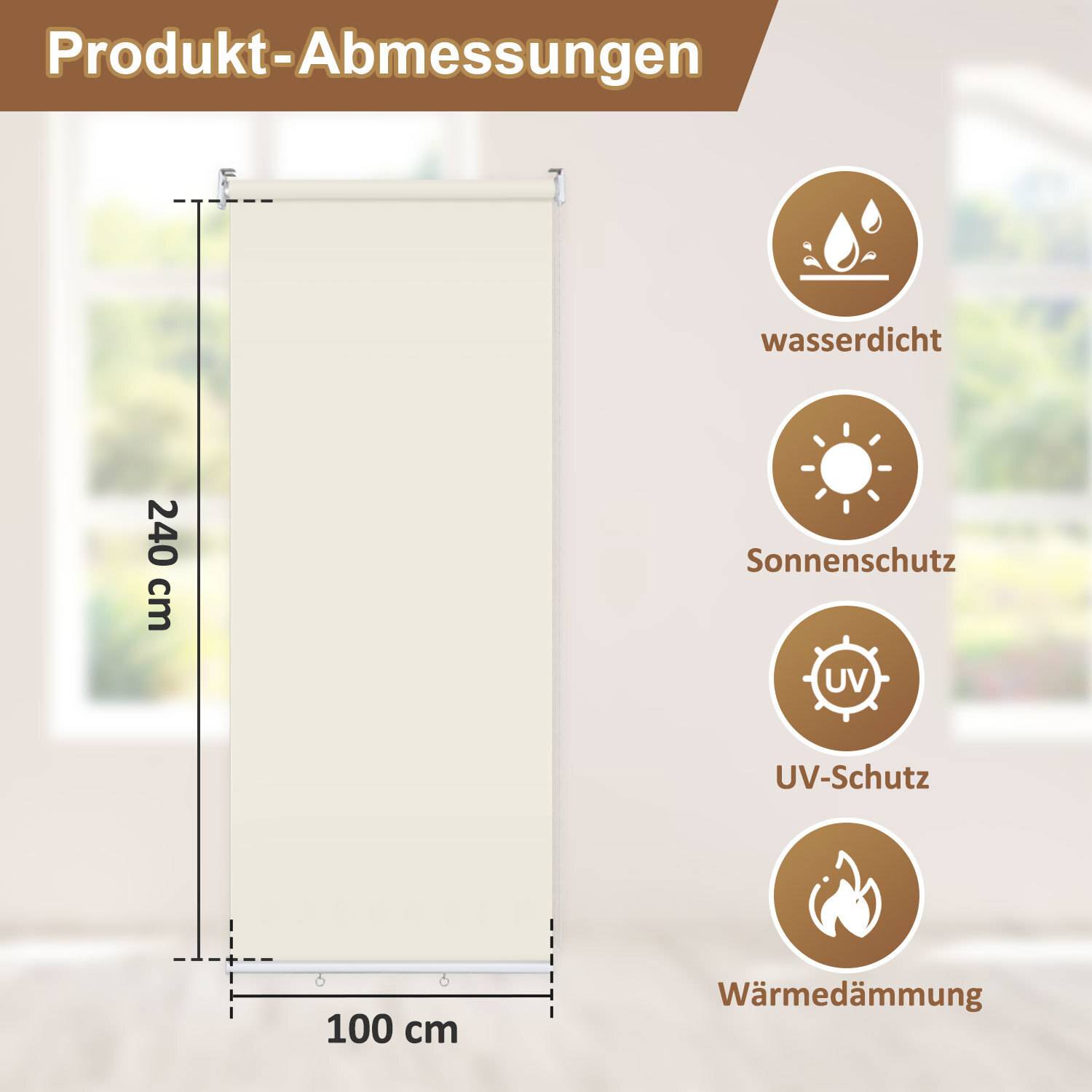 Verdunkelungsrollo mit Maßen 240 cm x 100 cm. Merkmale: 'wasserdicht', 'Sonnenschutz', 'UV-Schutz', 'Wärmedämmung'.