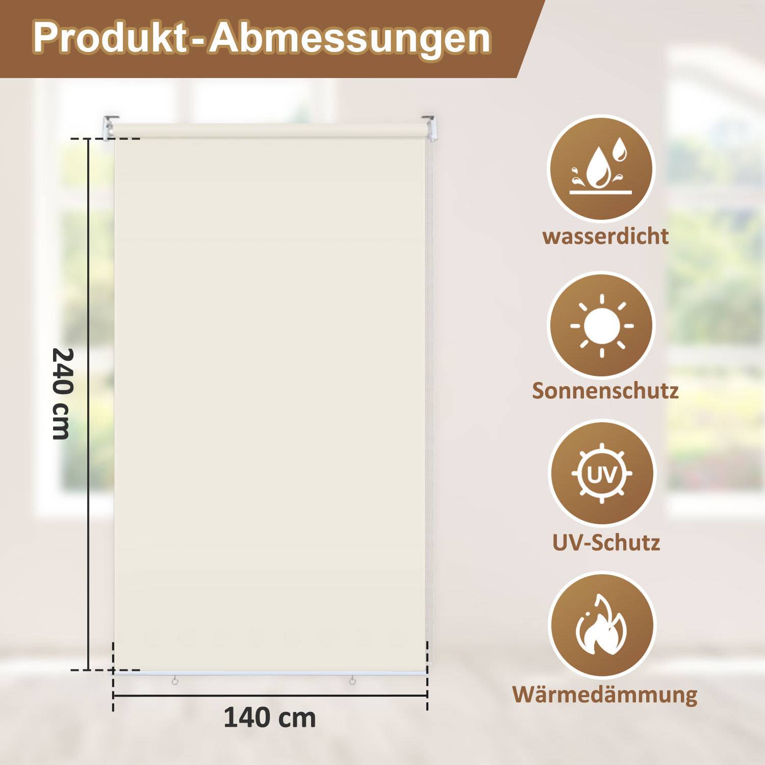 Ein beige Aufrollrollo misst 240 cm in der Höhe und 140 cm in der Breite. Symbole zeigen an, dass es wasserdicht, sonnenschützend, UV-schützend und wärmedämmend ist.