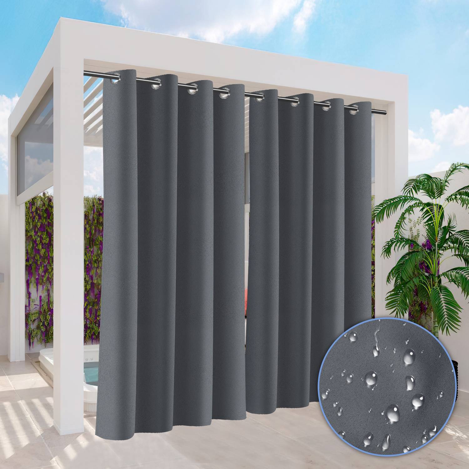 Eine moderne Outdoor-Pergola mit einem dunkelgrauen wasserdichten Vorhang, der teilweise geschlossen ist. Rechts befindet sich eine Pflanze, und eine Wassertropfen-Einblendung zeigt die Gewebetextur.
