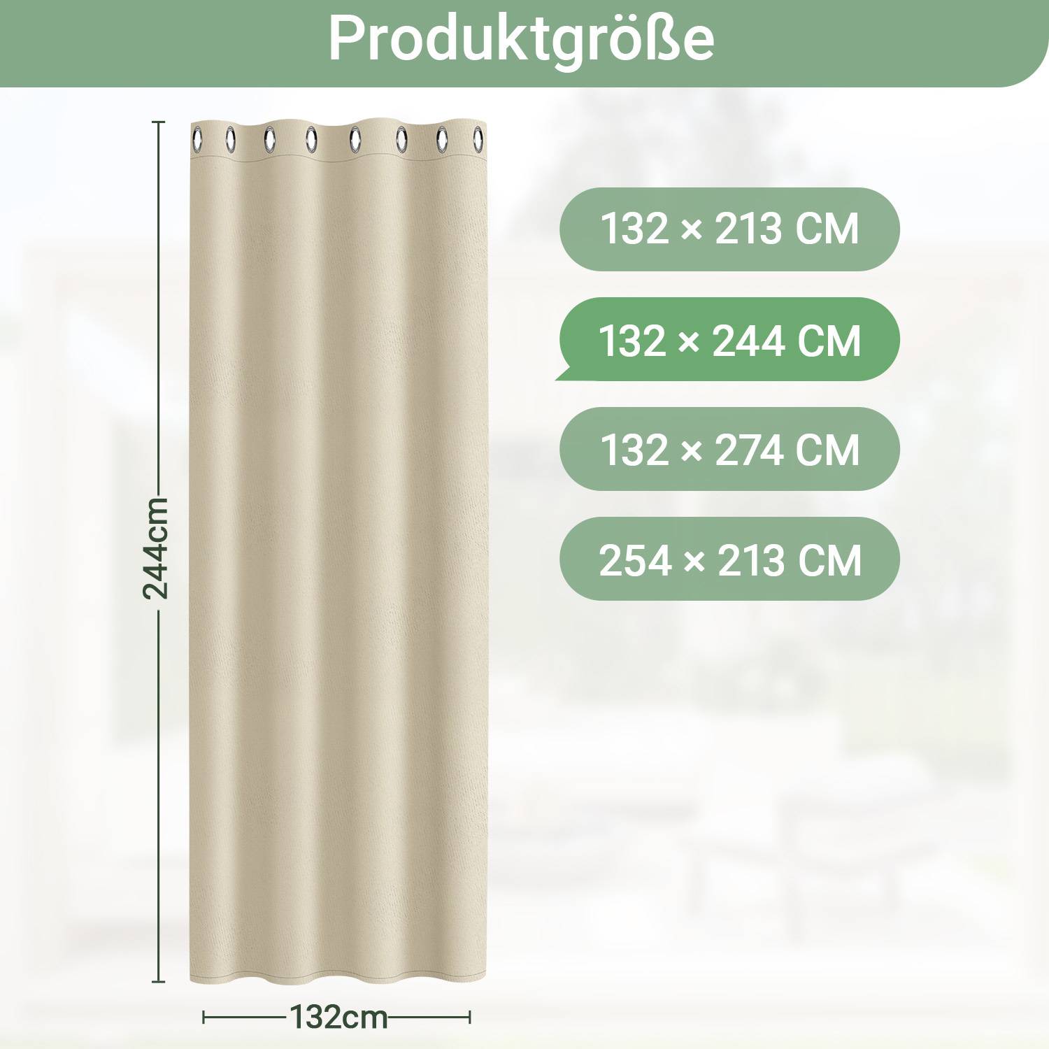 Vorhang mit Ösen, 132 cm breit und 244 cm hoch. Weitere Größen erhältlich: 132×244 cm, 132×274 cm, 254×213 cm.