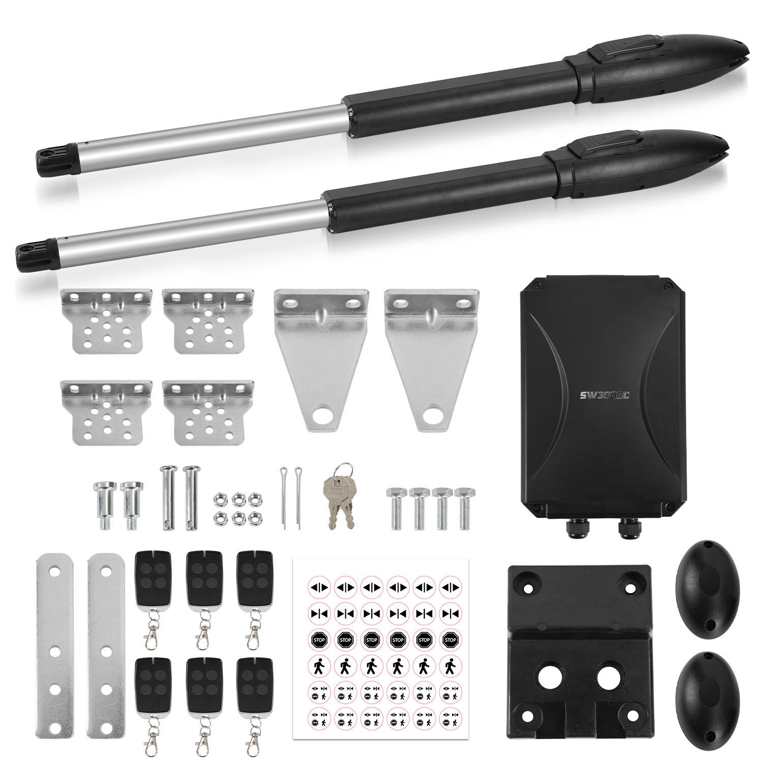 Automatische Toröffner-Set mit zwei Torarmen, Steuerungsbox, Befestigungshalterungen, Fernbedienungen, Verkabelung, Schrauben, Muttern und Schlüsseln.