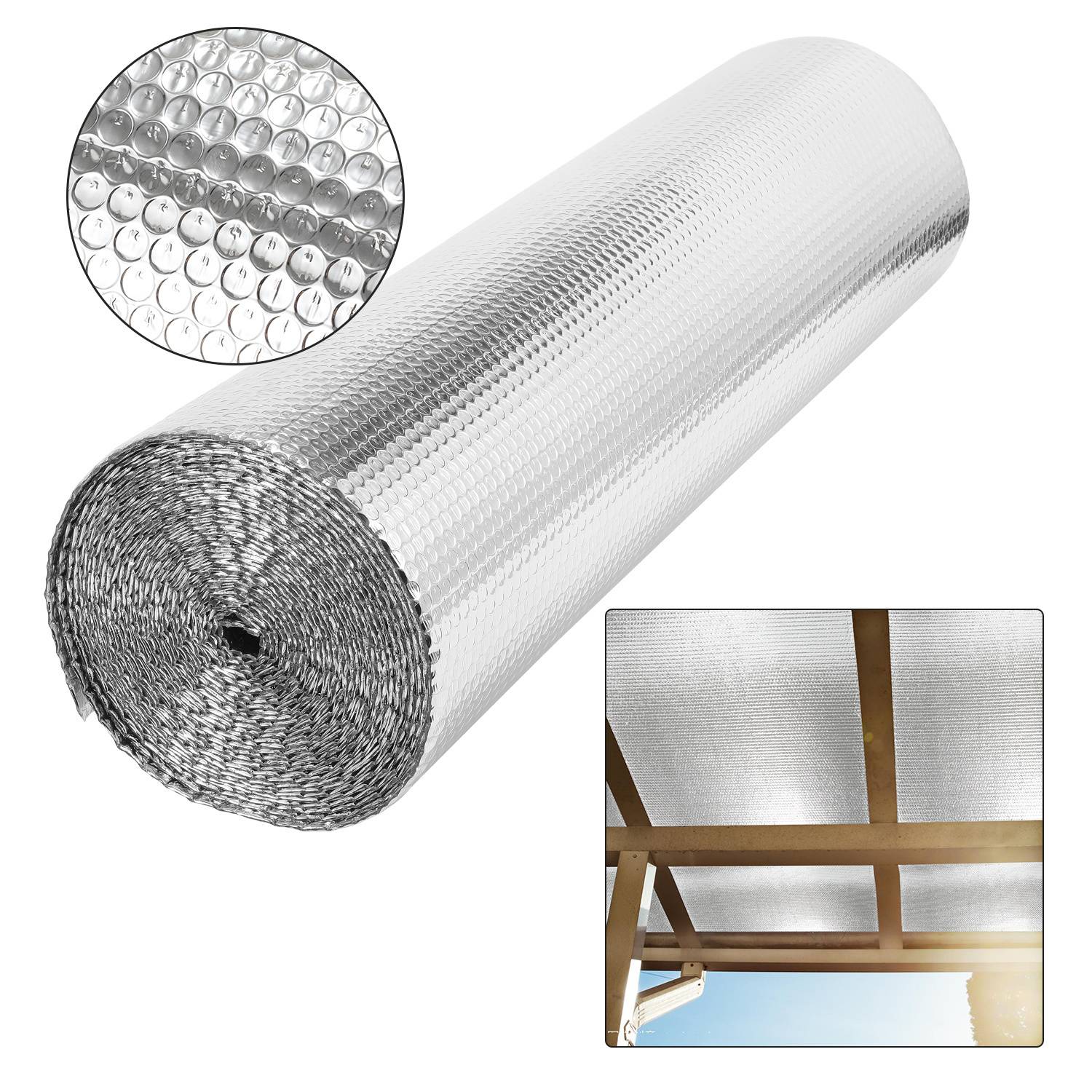 Eine Rolle reflektierender Blasenisolierung mit Detailaufnahmen und Anwendungsbildern, die deren Einsatz auf einem Dach zum Schutz vor Hitze und Feuchtigkeit zeigen.