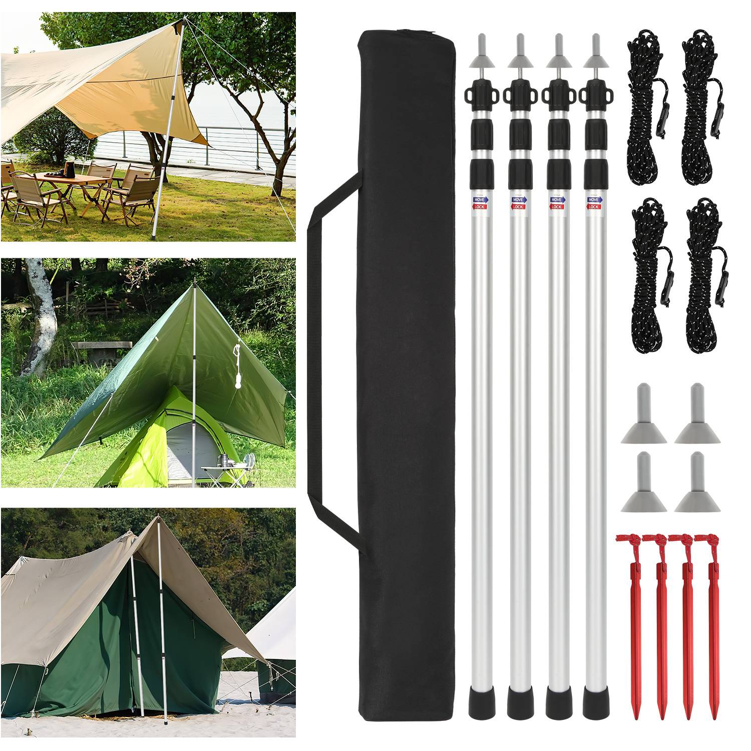 Camping-Zelt-Aufbau-Set mit zusammenklappbaren Stangen, Seilen, Heringe und einer Tragetasche. Bilder zeigen verschiedene Zeltaufstellungen in Outdoor-Umgebungen.