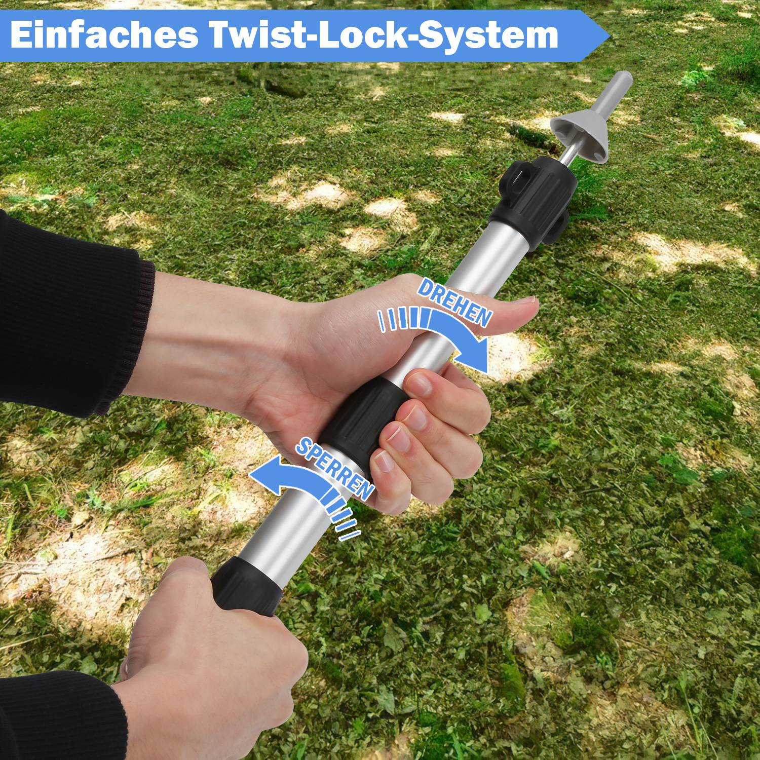 Eine Hand demonstriert die Verwendung eines Twist-Lock-Systems an einem Stab, mit beschrifteten Abschnitten 'Drehen' und 'Sperren' vor einem Grashintergrund.