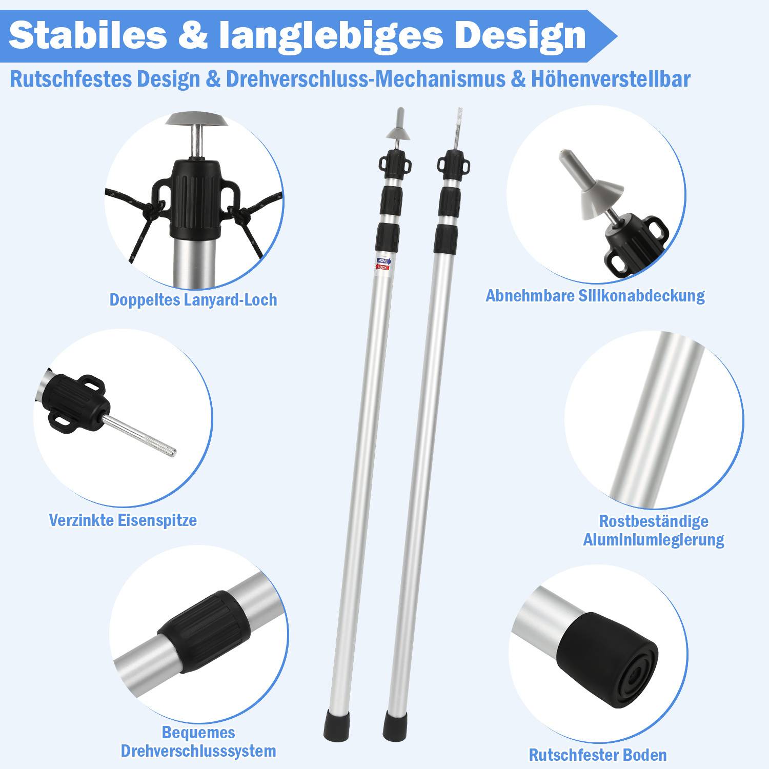 Stabiles & langlebiges Design': Bild von zwei verstellbaren Stangen mit Funktionen wie Lanyard-Schlaufen, rostfreiem Material und bequemen Griffen.