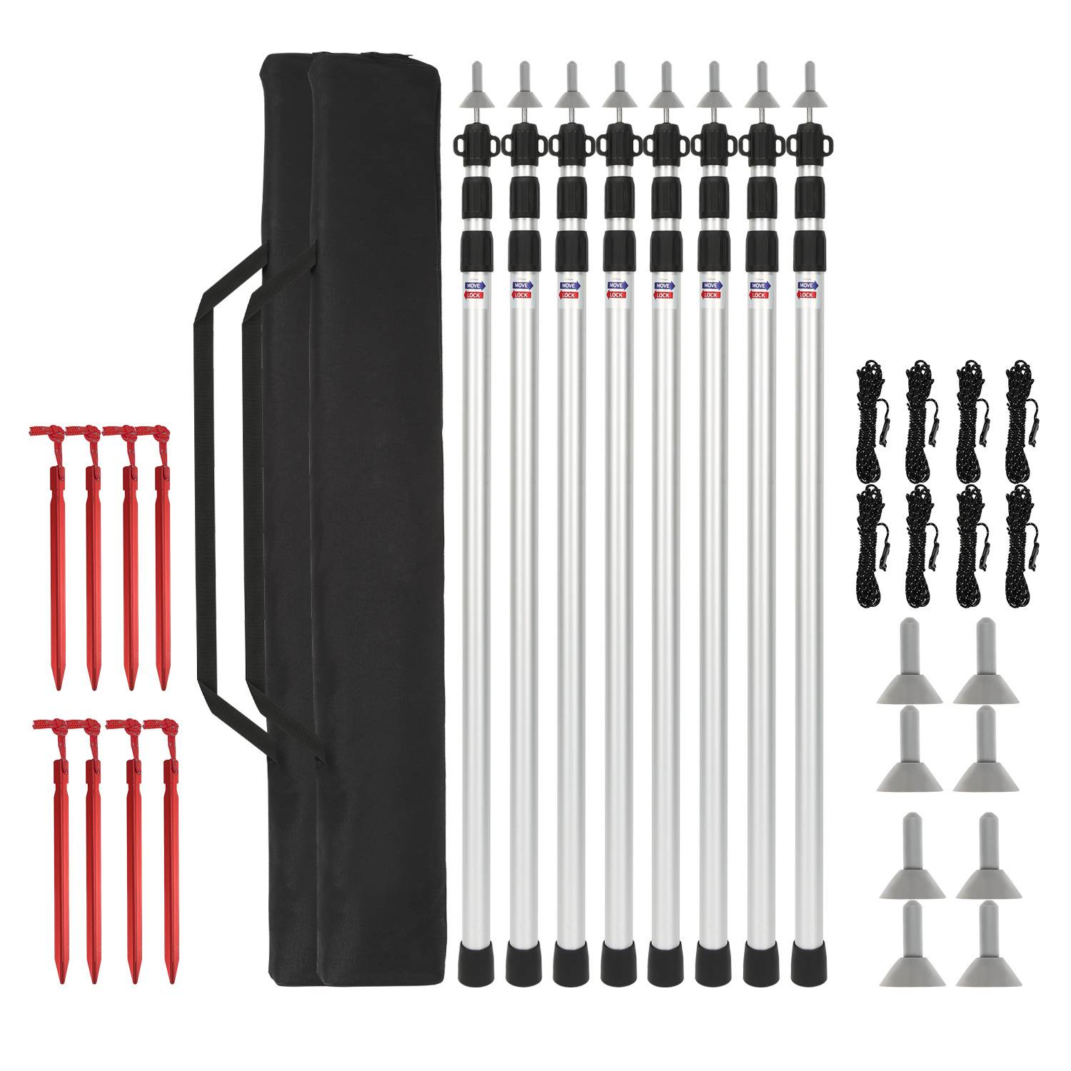 Ein Campingzelt-Stangen-Set mit mehreren Metallstangen, roten Heringen, schwarzen Seilen und grauen Kappen, zusammen mit einer schwarzen Tragetasche.