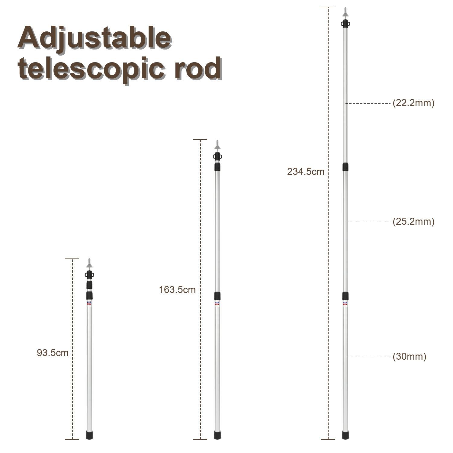 Verstellbare Teleskopstange, die drei Stabgrößen zeigt: 93,5 cm, 163,5 cm und 234,5 cm. Der Durchmesser variiert von 22,2 mm bis 30 mm.