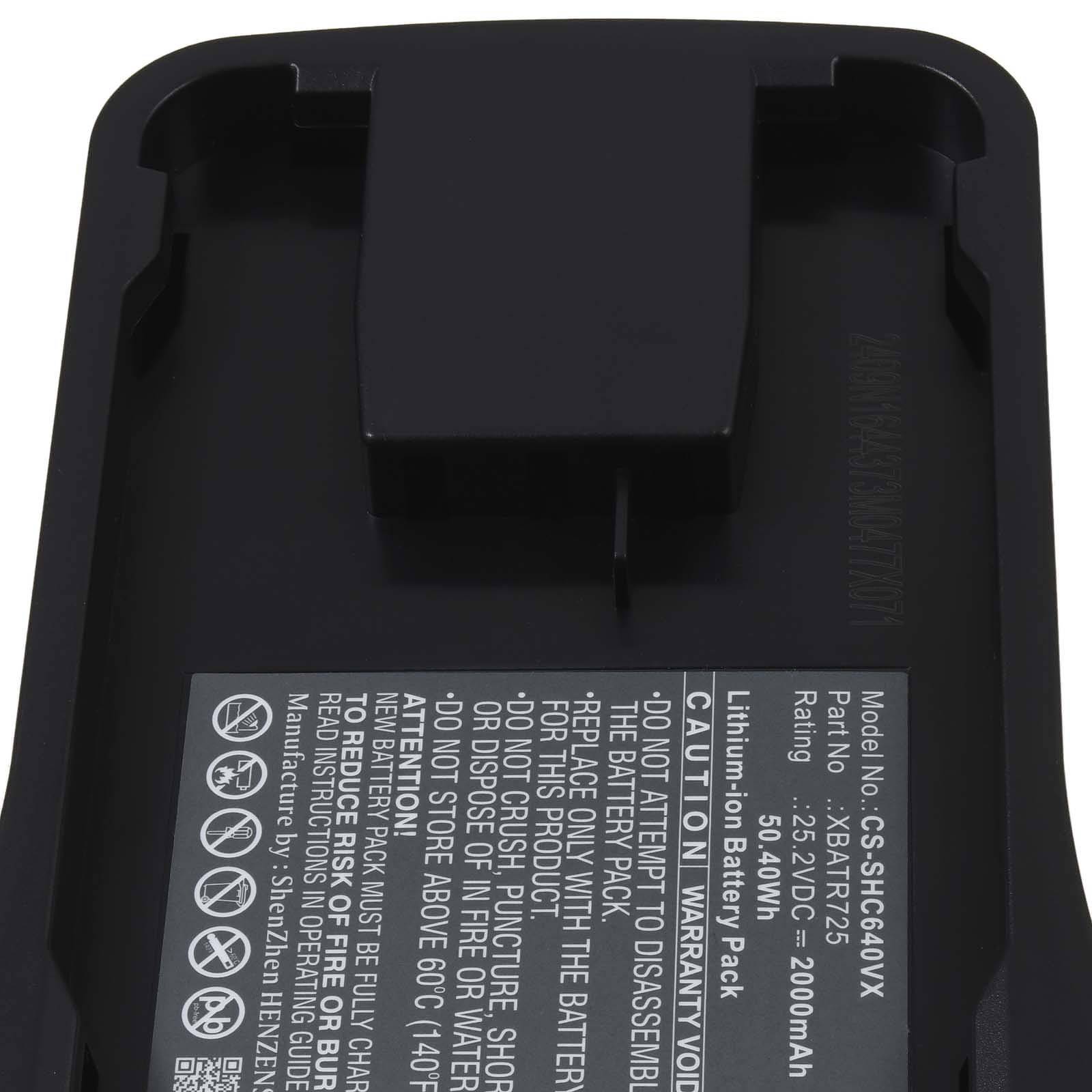 Das Bild zeigt einen Akkupack mit der Modellnummer CS-BST625VX, 3,7V, 2000mAh Kapazität. Enthält Sicherheitshinweise und Warnungen auf Englisch.