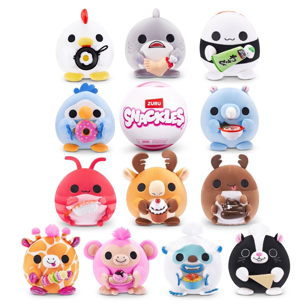 Zwölf runde, cartoonhafte Tierfiguren, die jeweils einen Snack halten. Die zentrale Figur zeigt den Text ‚Zuru Snackles', umgeben von fröhlichen Ausdrücken.