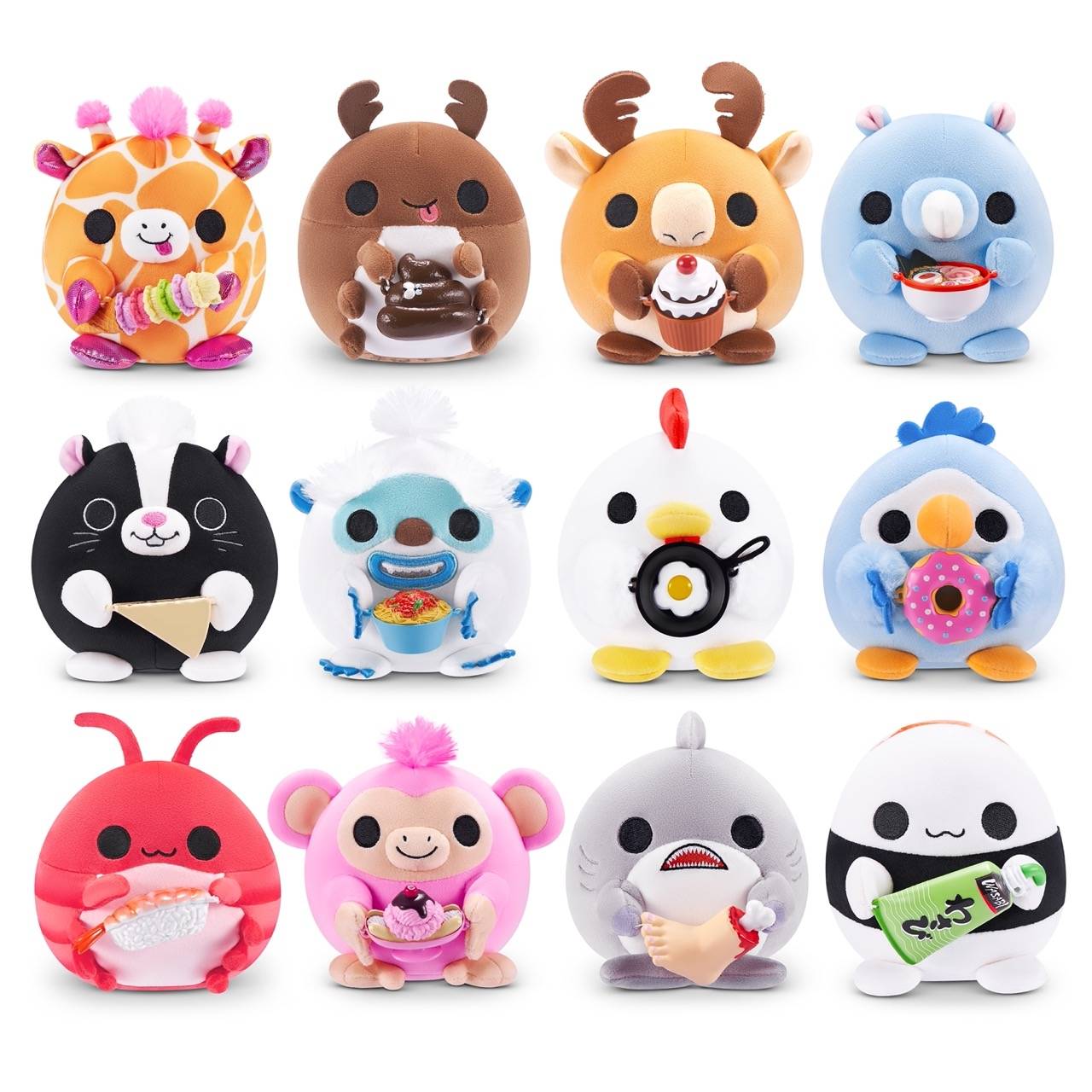 Zwölf runde, plüschige Tierfiguren mit verschiedenen Motiven sind in Reihen angeordnet, wobei jede eine einzigartige Sache wie Essen oder Kaffee hält.