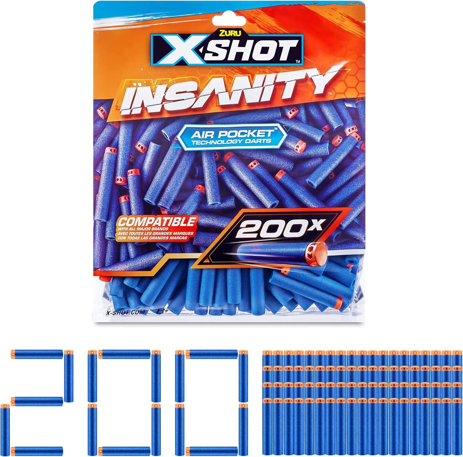 Packung mit 200 blauen Schaumstoffdarts, beschriftet mit 'X-Shot Insanity' und 'Air Pocket Technology'. Die Darts sind kompatibel mit anderen bekannten Marken.