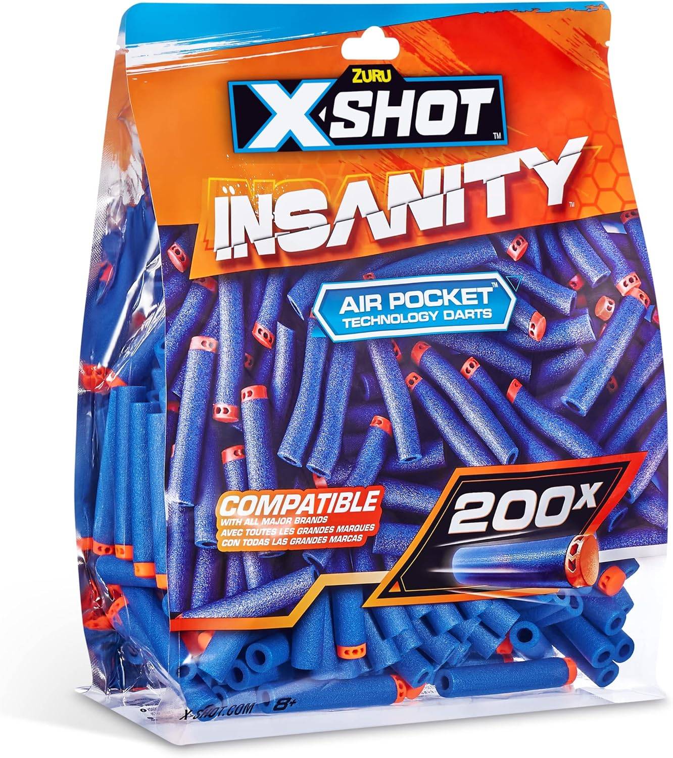 Ein Paket mit Zuru X-Shot Insanity Schaumstoffdarts, gekennzeichnet als 'Air Pocket Technology Darts', enthält 200 Darts, die mit gängigen Marken kompatibel sind.