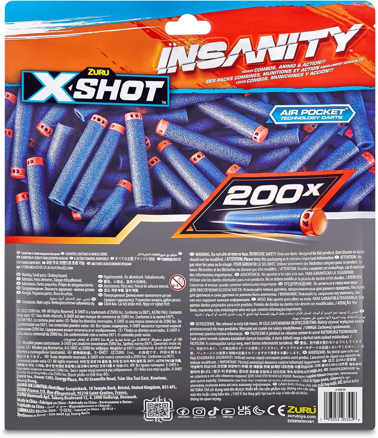 X-Shot Wahnsinn 200x' Schaumstoffdart-Pack von Zuru, mit blauen und orangen Darts. Die Verpackung hebt die 